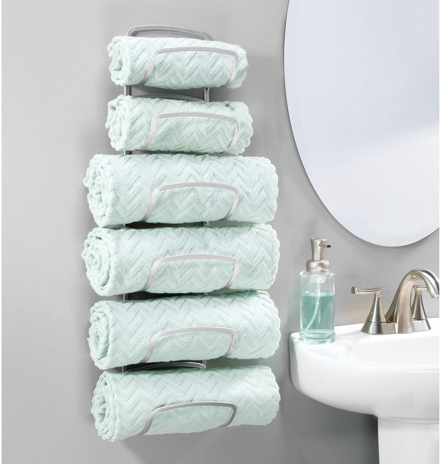 mDesign Steel Towel Holder for Bathroom Wall - Wall Mounted Organizer - Stone