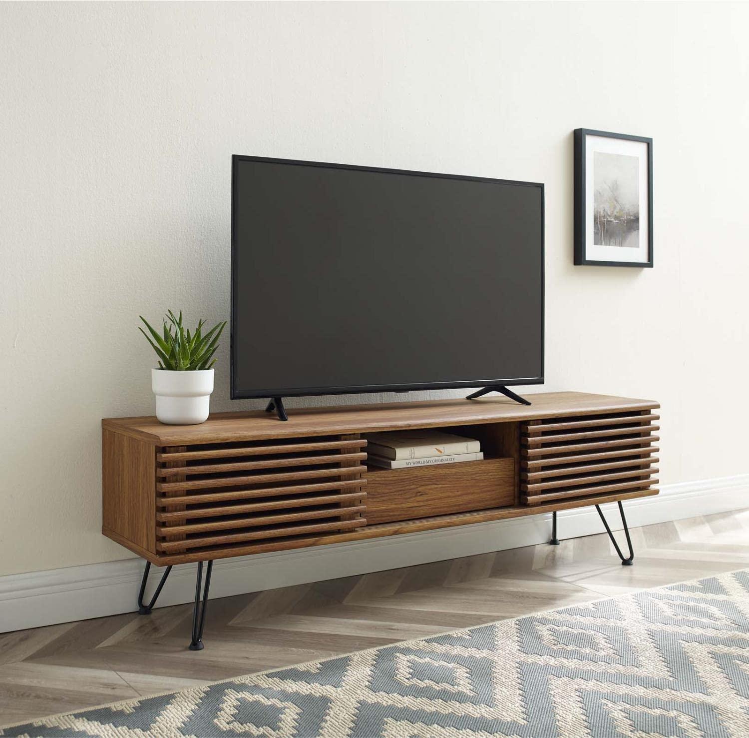 59" Render TV Stand for TVs up to 70" Walnut - Modway: Modern Media Console with Open Shelves & Metal Hardware