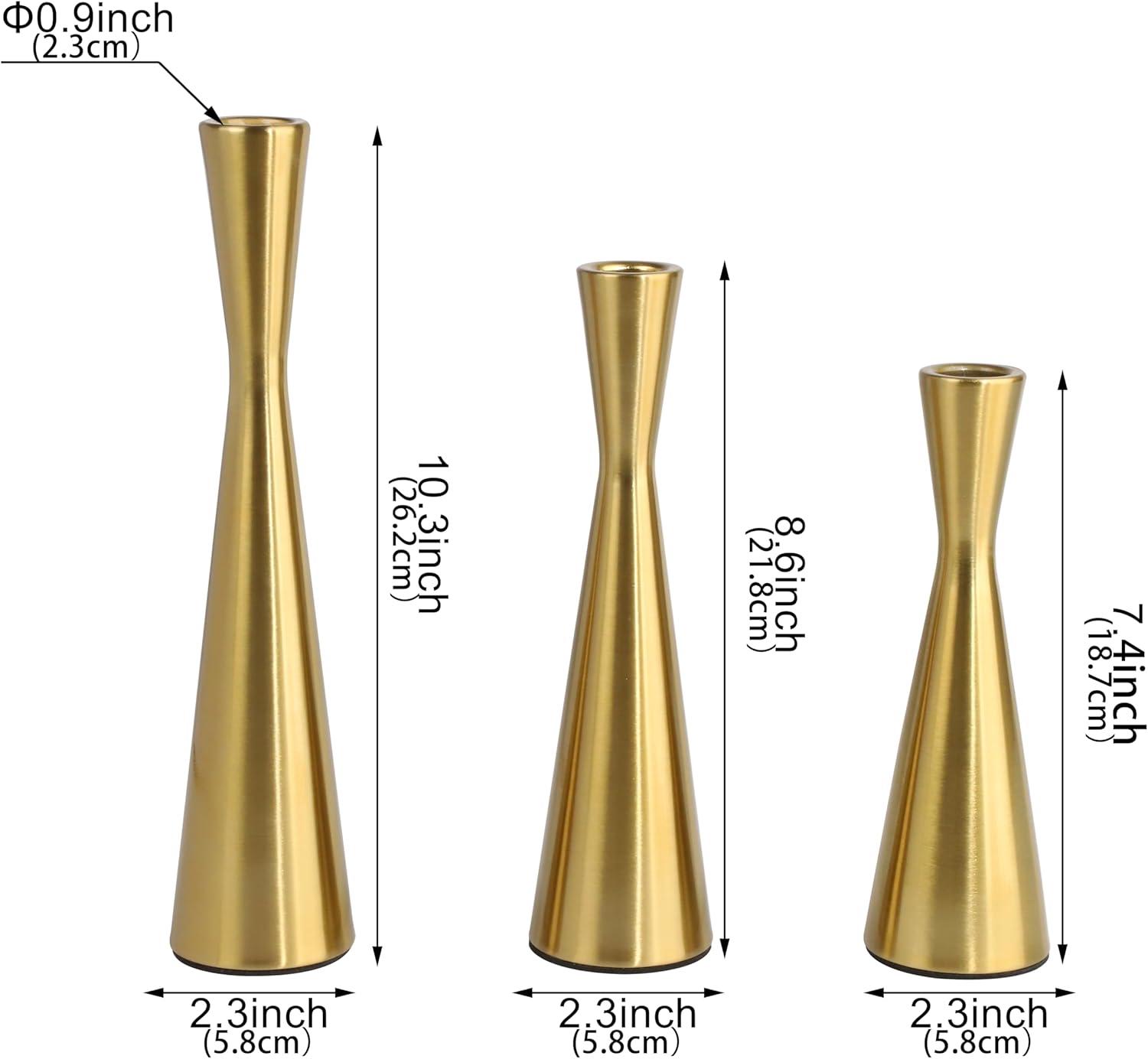 Vixdonos Brass Gold Taper Candle Holders Metal Candlestick Holders Set of 3 Table Mantel Decorative Candle Stand for Dinning,Party，Wedding,Home Decor(Brass Gold)