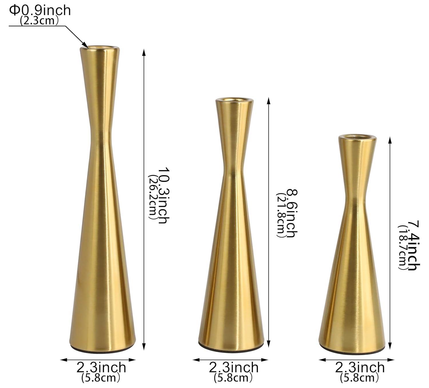 Vixdonos Brass Gold Taper Candle Holders Metal Candlestick Holders Set of 3 Table Mantel Decorative Candle Stand for Dinning,Party，Wedding,Home Decor(Brass Gold)