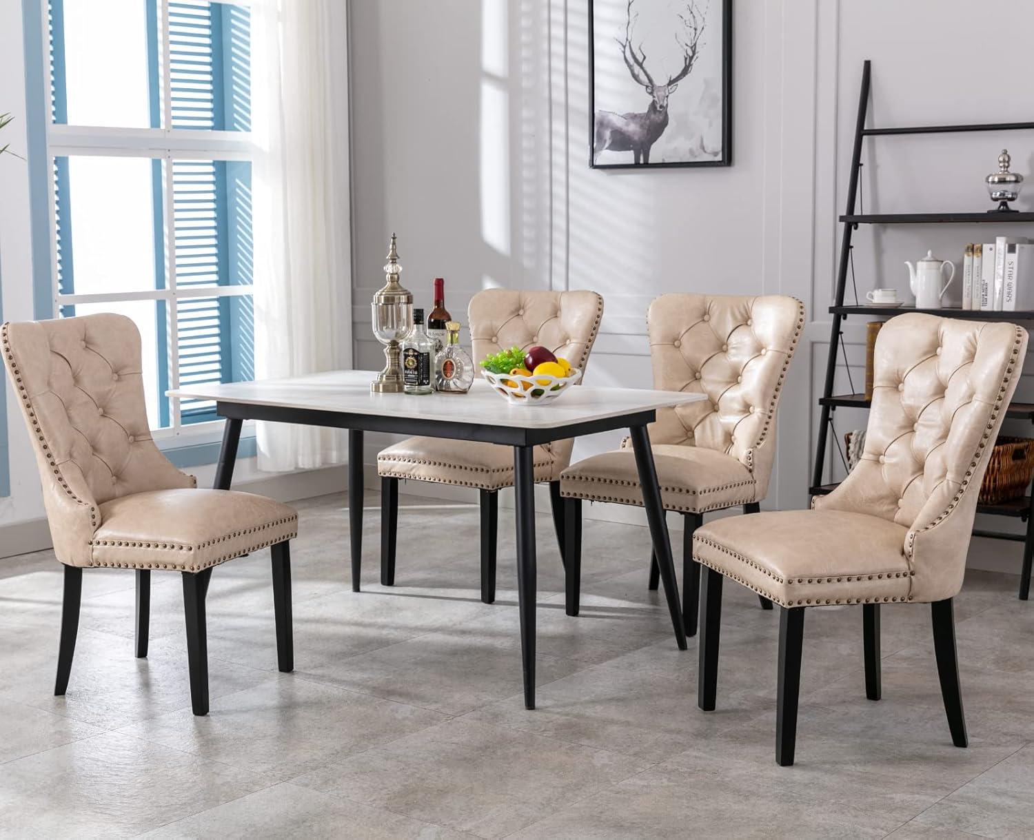 ODUSE-DAILY Velvet Dining Chairs Set of 6, Kitchen & Dining Room Chairs, Nailheads Tufted Chair, Sillas De Comedor, Two-Tone Fabric Upholstered, Wood Legs (Beige & Patterned, 6 Pcs)