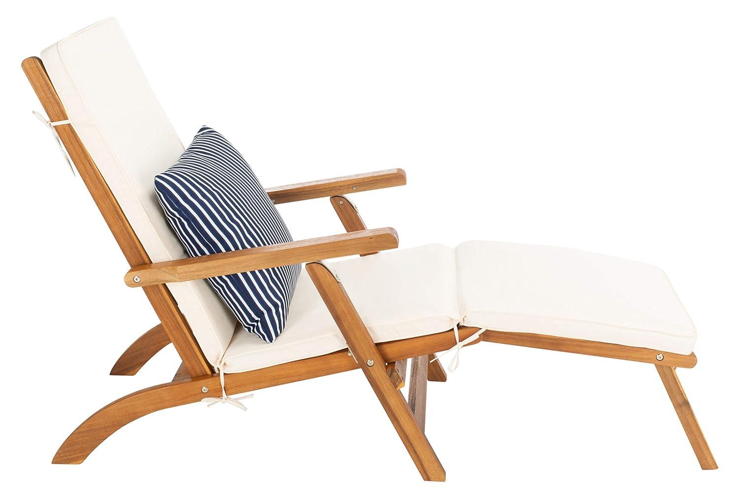 Palmdale Lounge Chair - Outdoor - PAT7015 - Natural/Beige + Blue Stripped Pillow -Safavieh