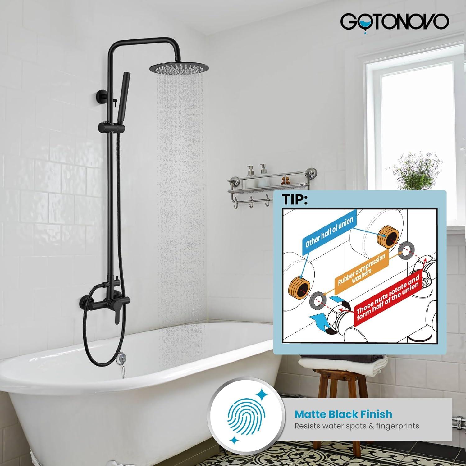 gotonovo SUS304 Outdoor Shower Fixture High Pressure Shower System Wall Mount 2 Dual Function Single Handle Shower Kit with 8 Inch Shower Head and Handheld Spray Shower Faucet Combo, Matte Black