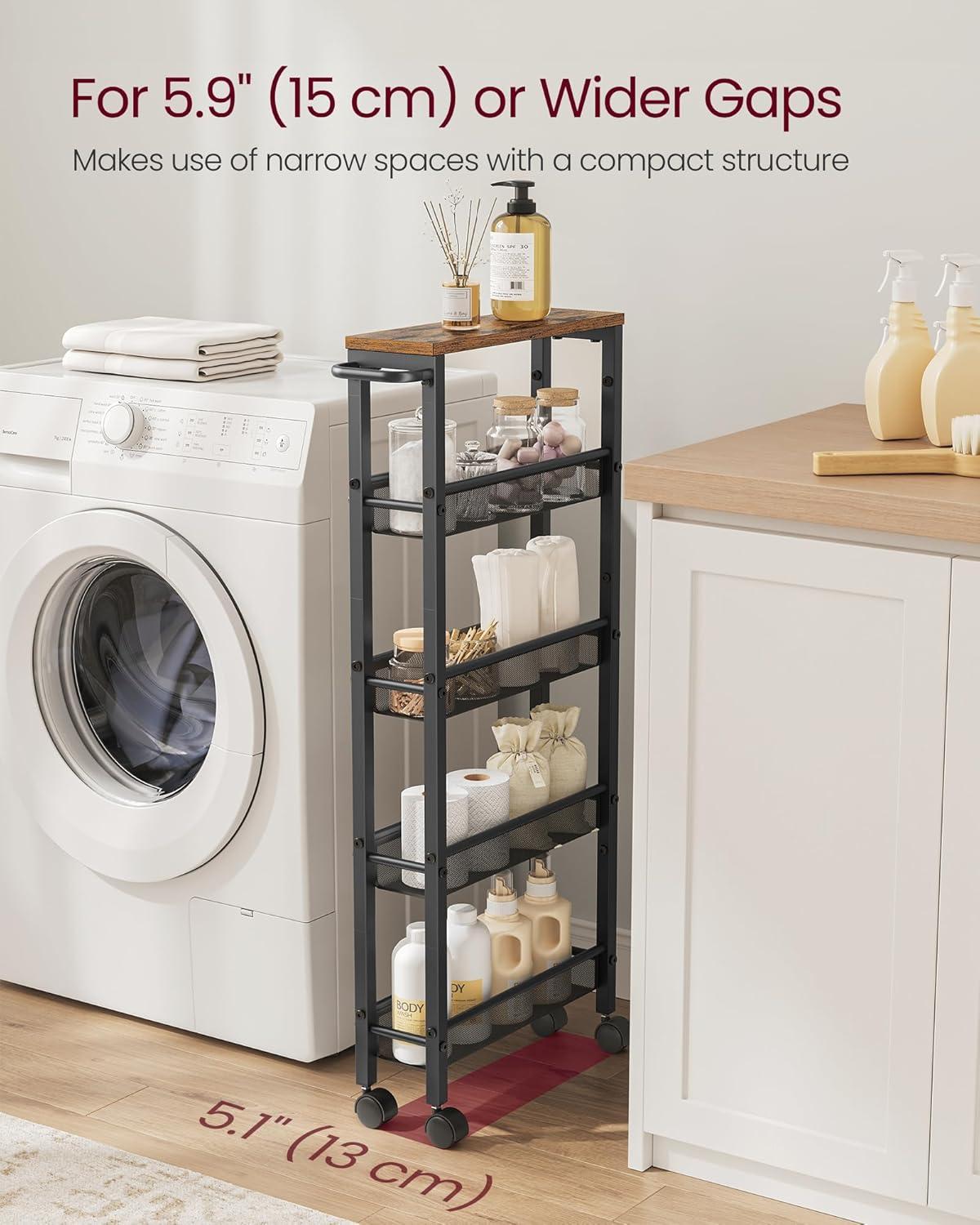 NANANARDOSO 4 Tier Slim Storage Cart, Shelving Unit for Small Space, Rolling Cart with Wooden Top and Metal Handle for Narrow Space on Kitchen, Bathroom, Laundry Room, Black.
