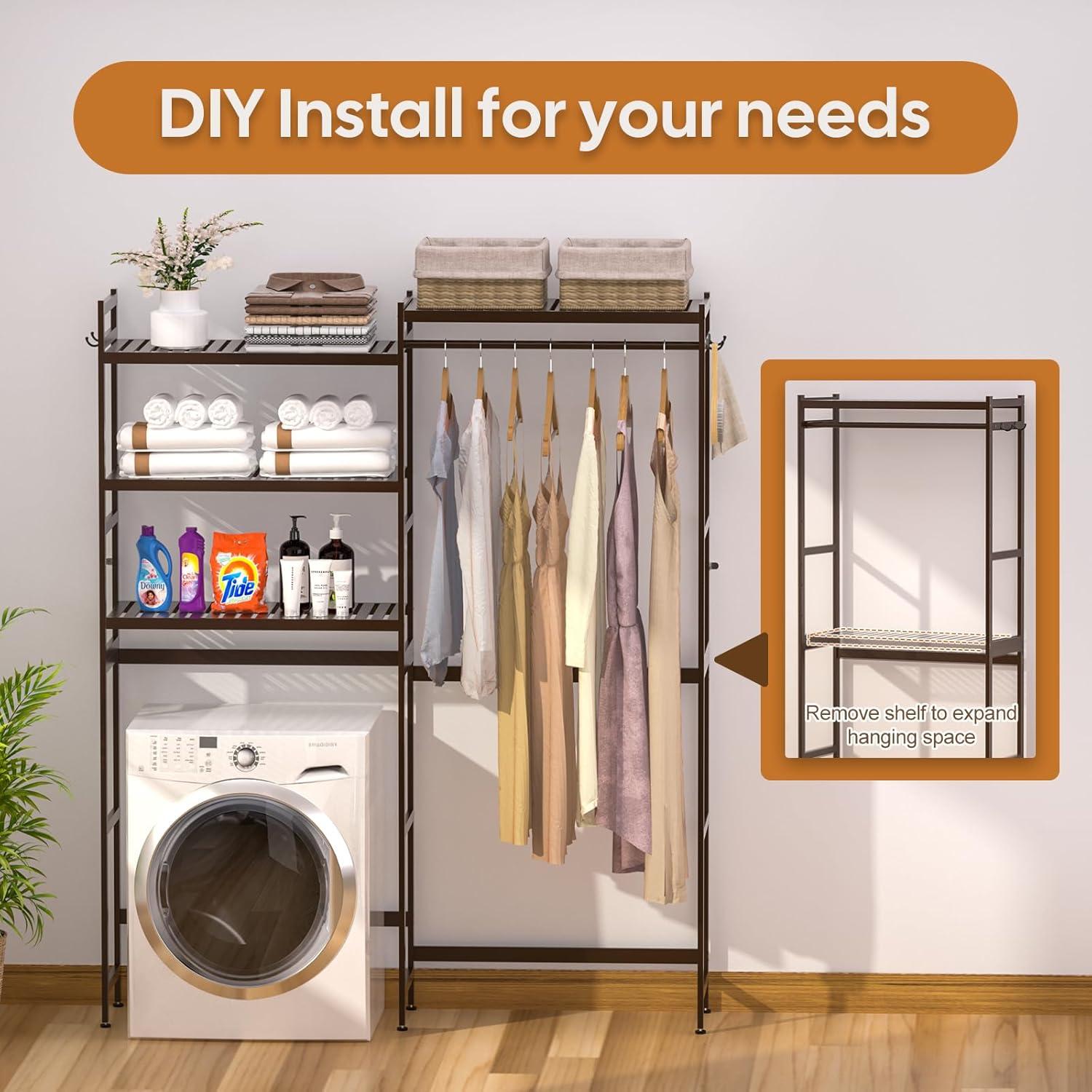 Brown Bamboo Over Washer and Dryer Storage Rack with Adjustable Shelves