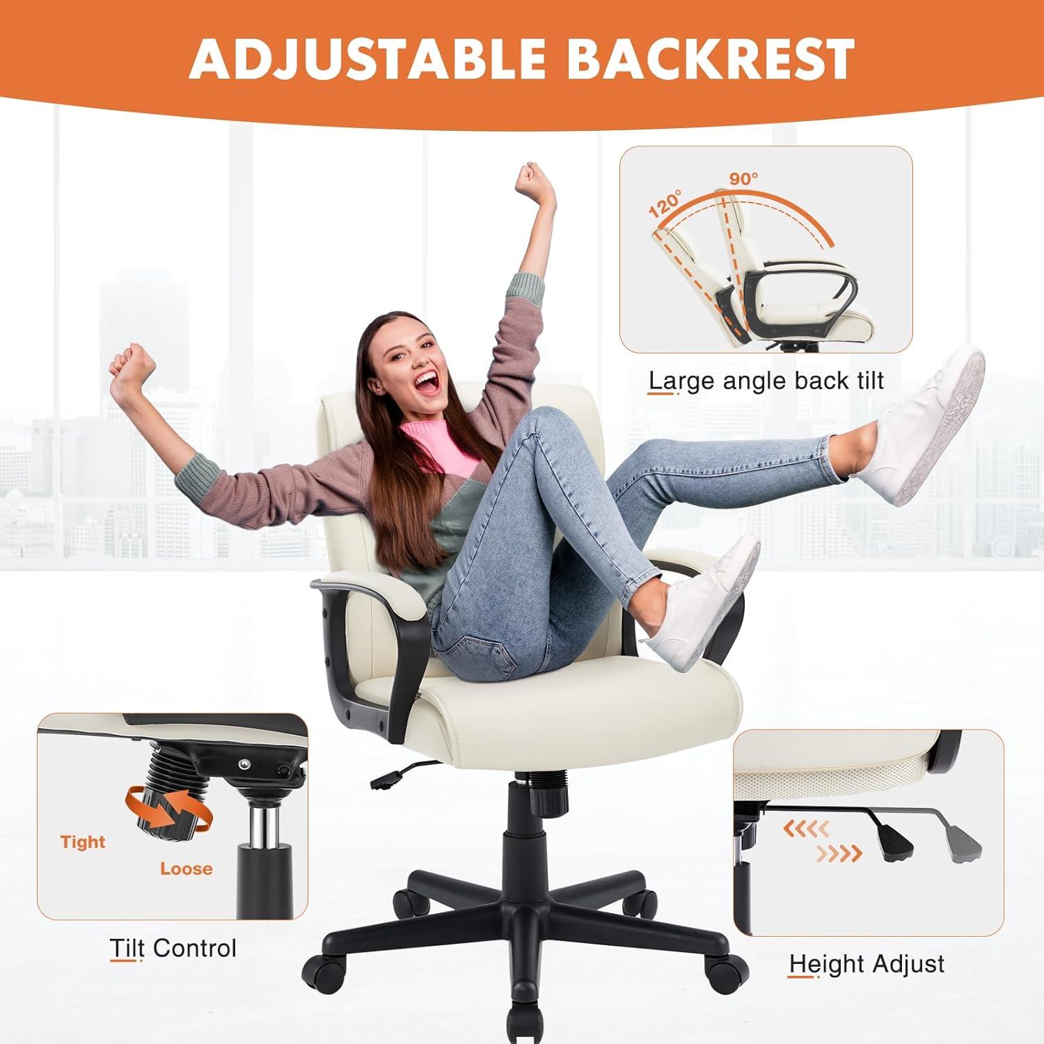 Executive Office Chair with Padded Armrests Adjustable Height, 360-Degree Swivel, Lumbar Support, PU Leather, Cream