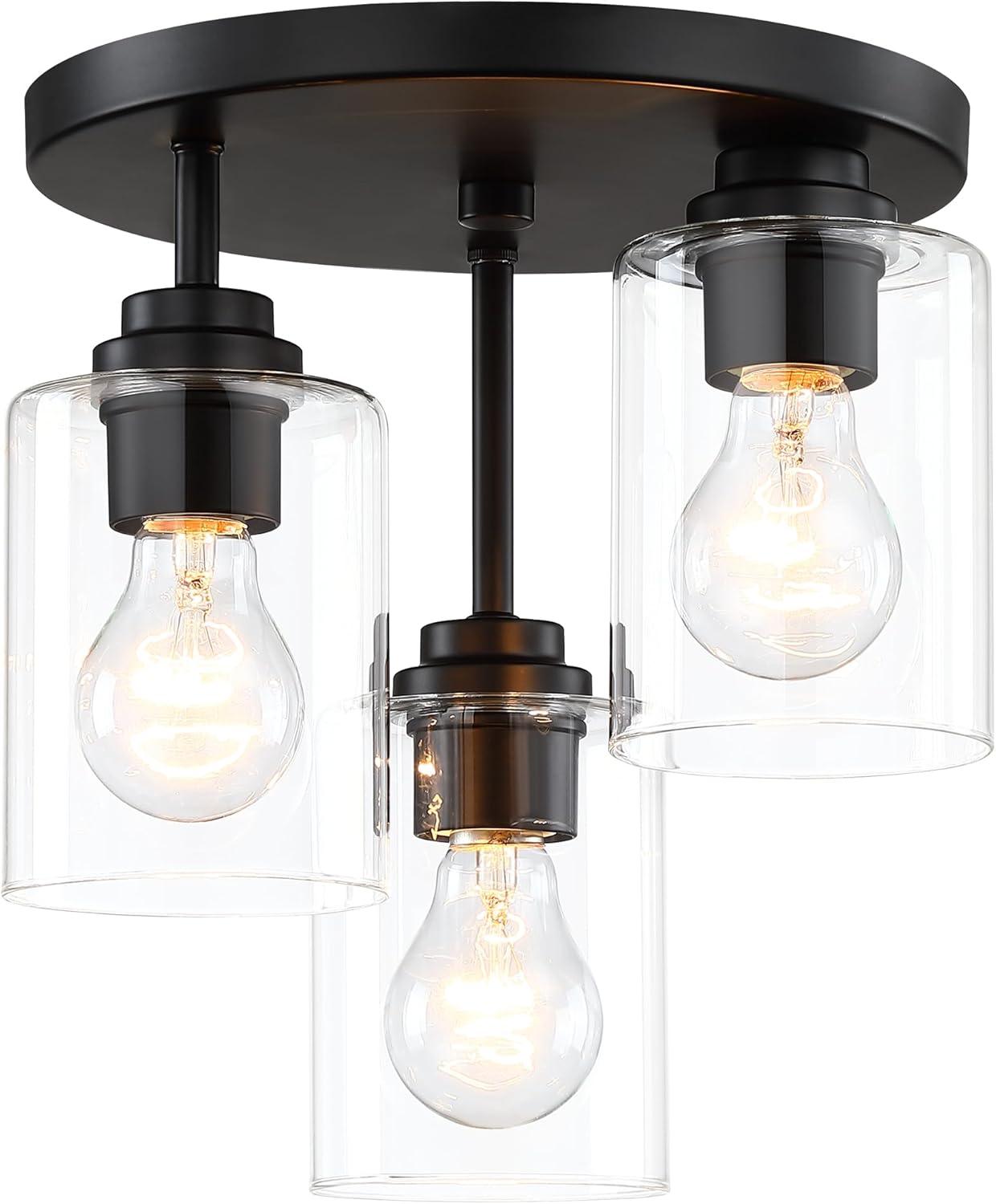 Progress Lighting Cofield 3-Light Flush Mount, Matte Black, Glass Shades