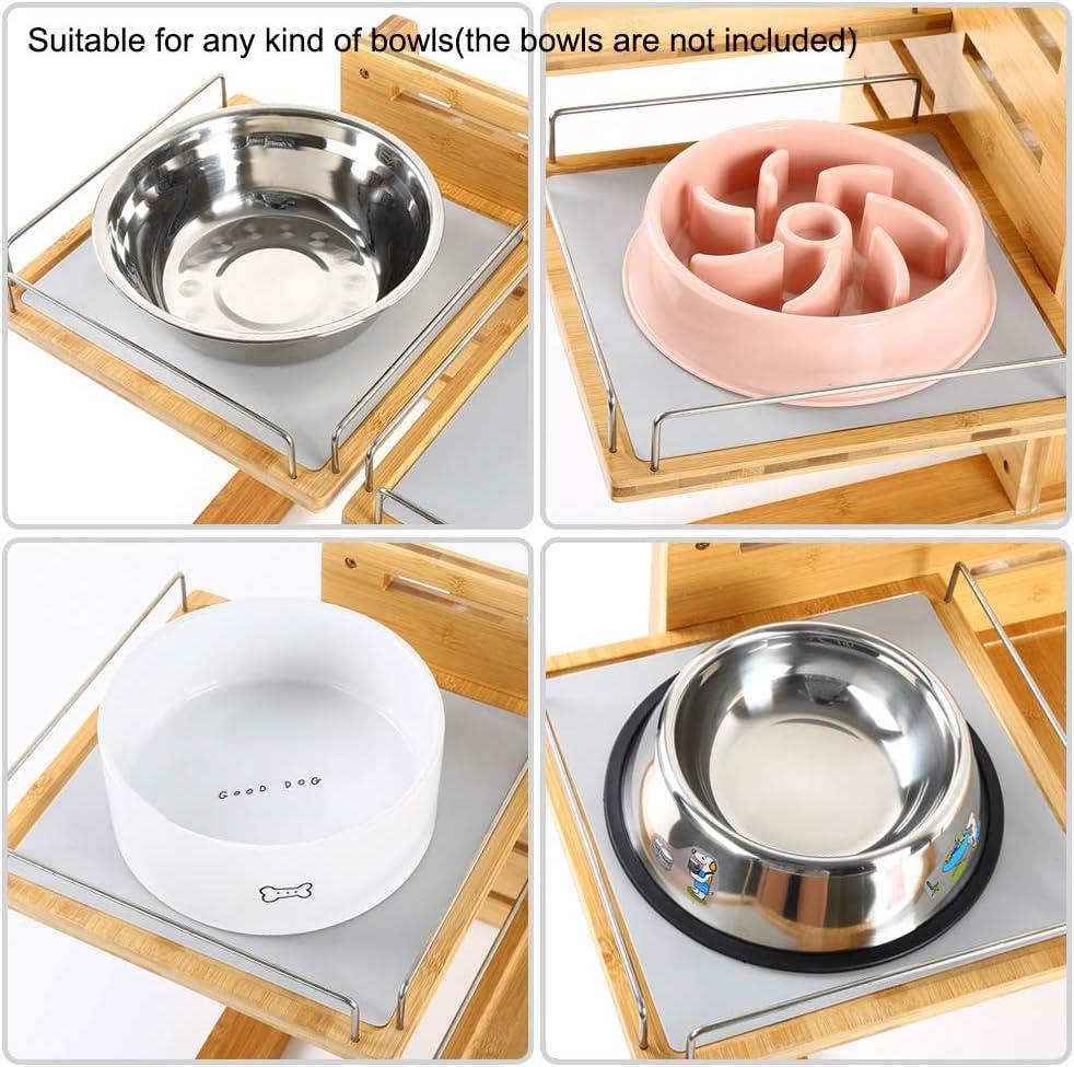 YY FOREYY Juego de 2 Tazones Elevados para Perros y Gatos, Tazones de Agua y Comida para Perros con Inclinación de Bambú, Comedero con 3 Tazones de Acero Inoxidable y Patas Antideslizantes para una Alimentación Cómoda