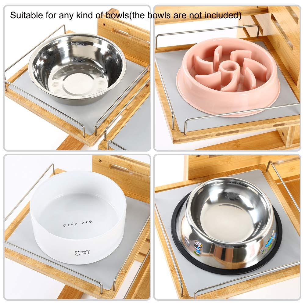 YY FOREYY Juego de 2 Tazones Elevados para Perros y Gatos, Tazones de Agua y Comida para Perros con Inclinación de Bambú, Comedero con 3 Tazones de Acero Inoxidable y Patas Antideslizantes para una Alimentación Cómoda