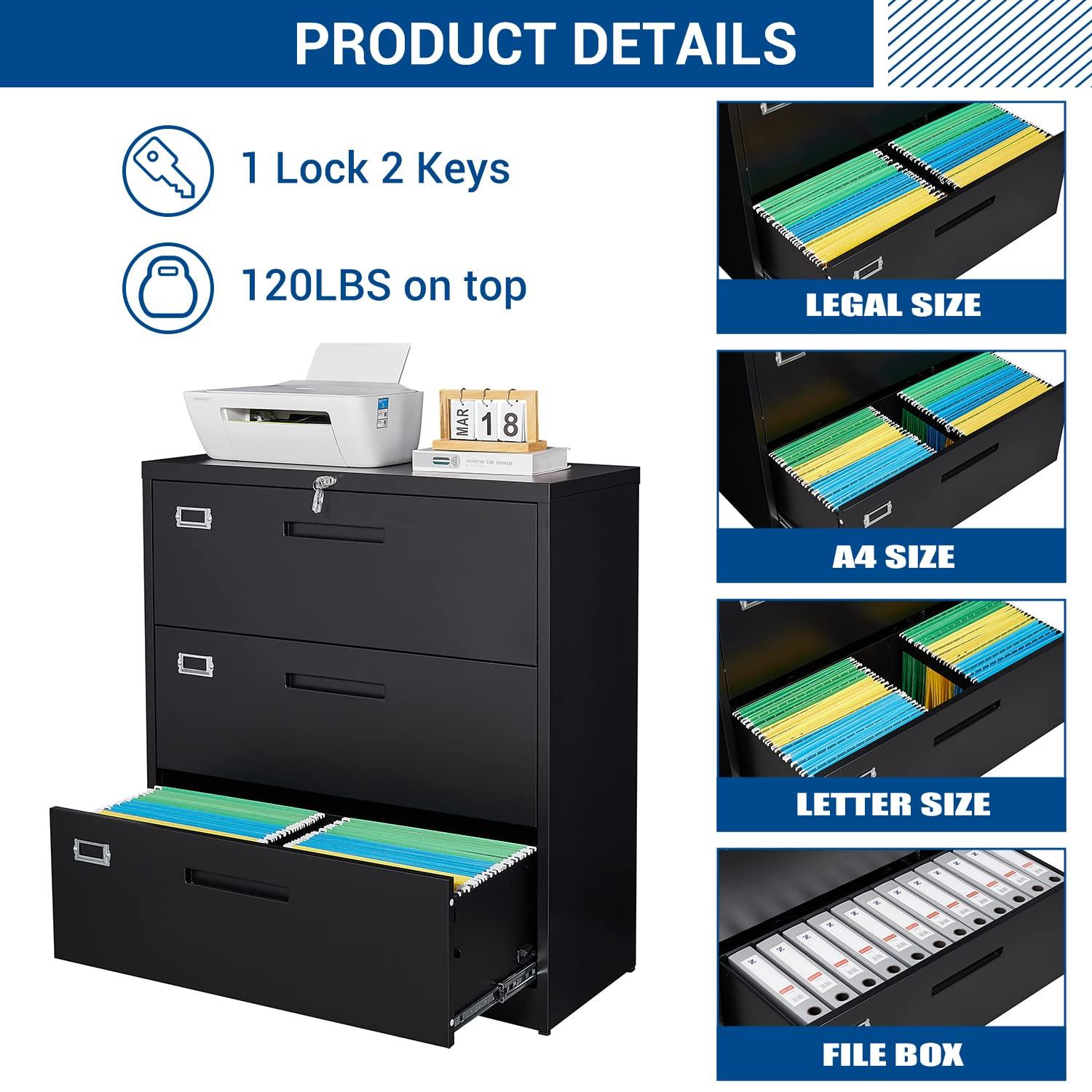 MIIIKO Lateral File Cabinet with Lock, 3 Drawer Lateral Filing Cabinet, Large Deep Drawers Locked by Keys, Metal Storage File Cabinet for Hanging Files Letter/Legal/F4/A4 Size