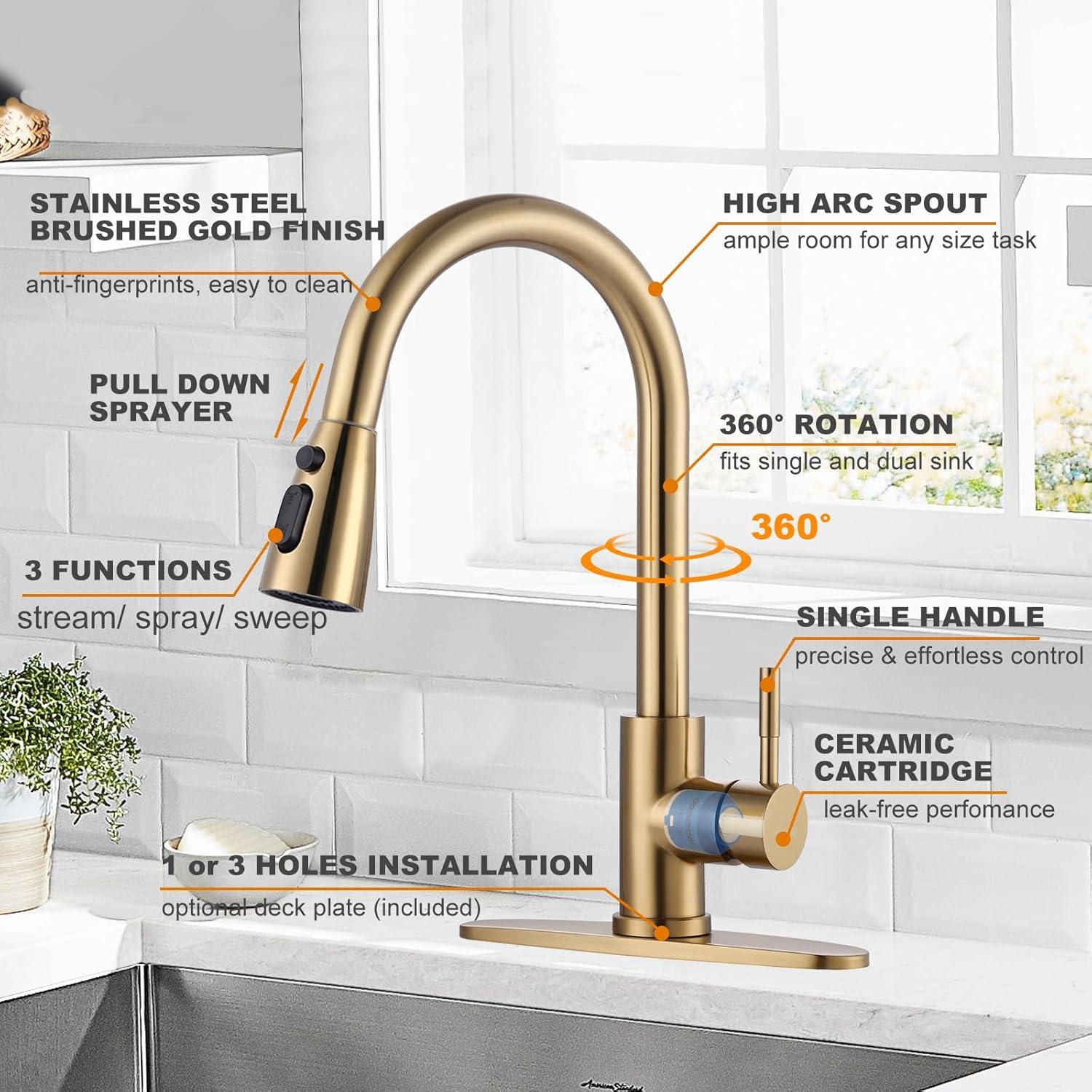 Single Handle Pull Down Sprayer Kitchen Faucet High Arc Stainless Steel Faucet with 3-Function Sprayer