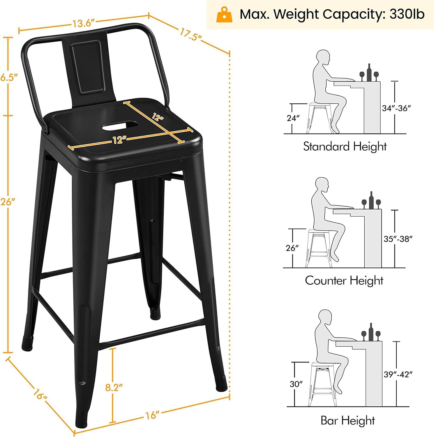 Yaheetech 26" Stackable Low Back Metal Counter Height Bar Stools with Footrest, Set of 4
