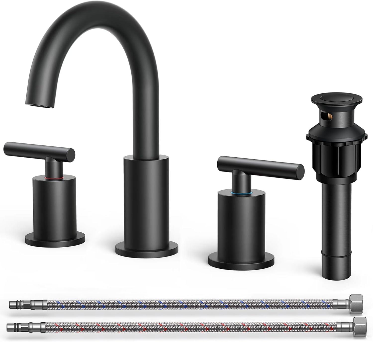 Matte Black 8-Inch Widespread Bathroom Faucet with Brass Handles