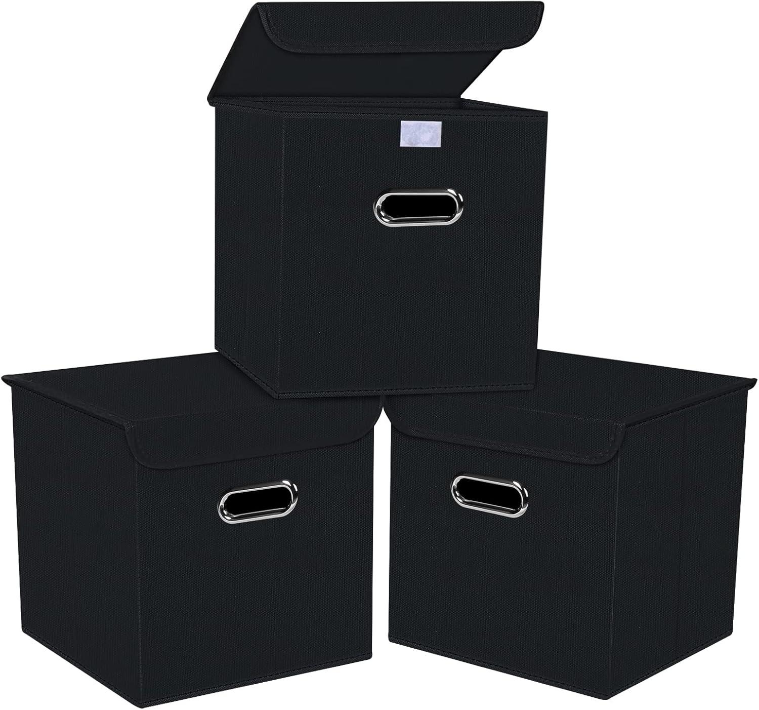 Fabric Storage Cube Bins with Lids Closet Organizers collapsible storage bins basket with Handles for Home,Storage Boxes for Organizing,3 Pack,(black)