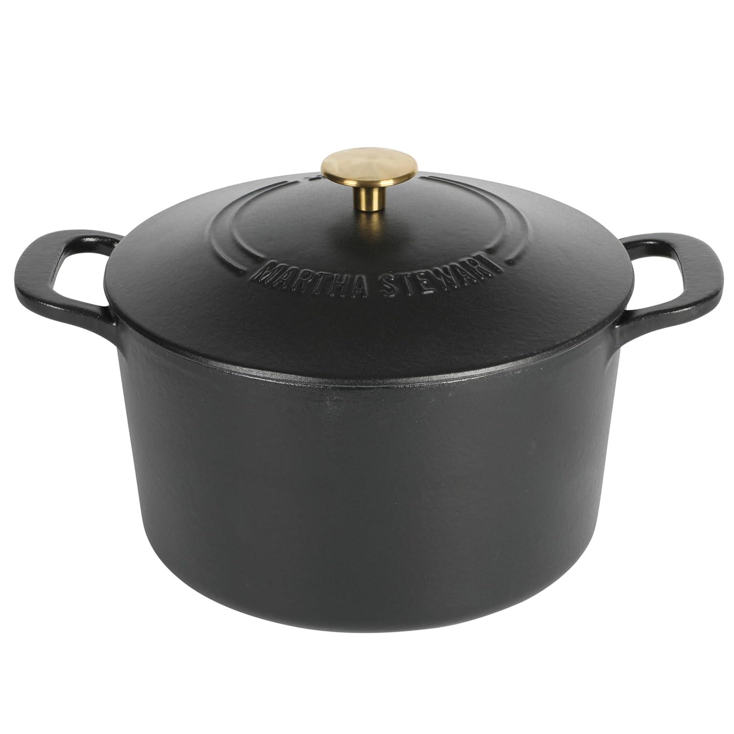 Martha Stewart Gatwick 7qt Enamel Cast Iron Dutch Oven Matte Black: Oven-Safe, Gas & Electric Compatible, 15" Diameter