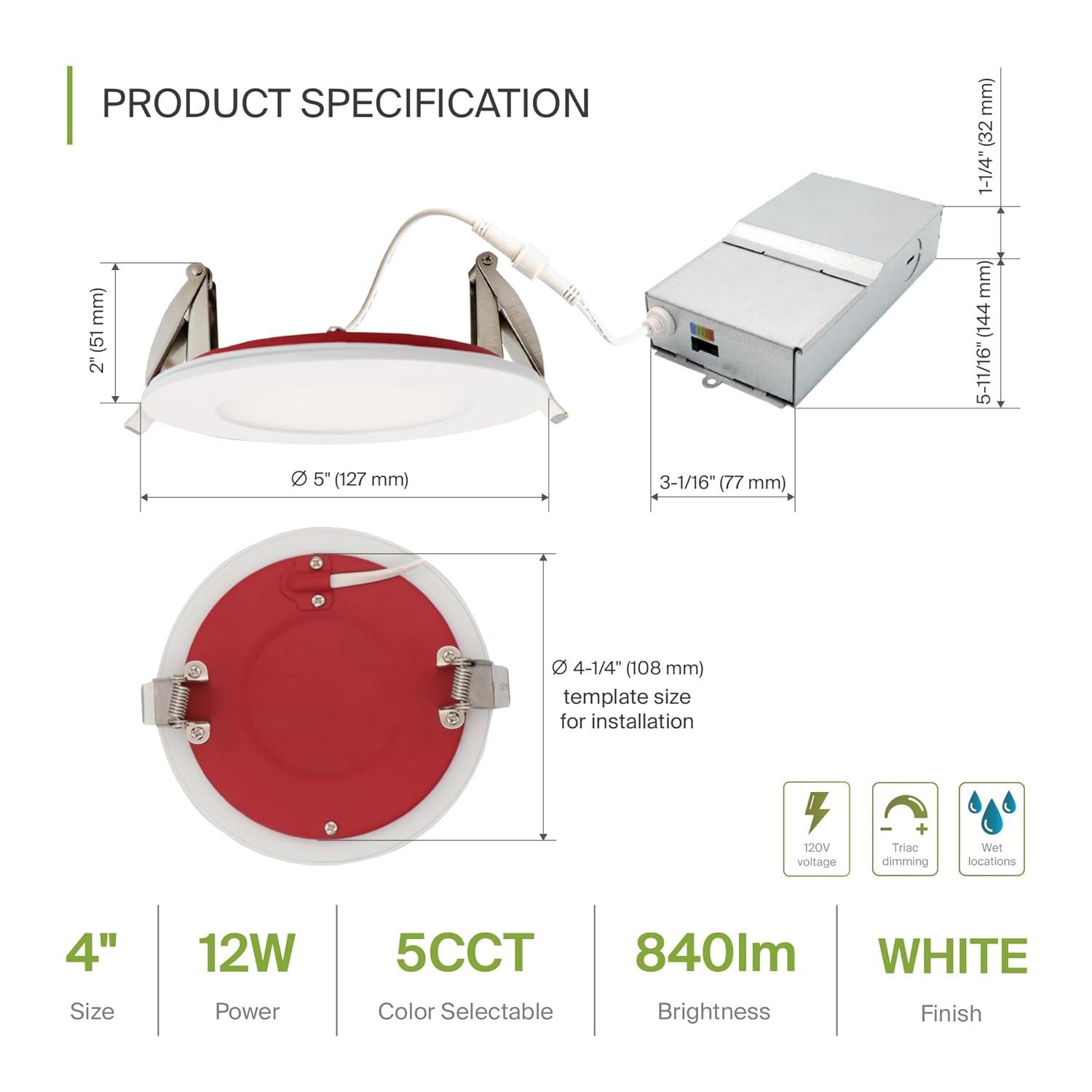 ASD 12 Pack Fire Rated Recessed Lights 4 Inch, 5 Colors 2700K/3000K/3500K/4000K/5000K, 840 Lumens, 2 Hour Fire Rating, Ultra Thin Dimmable Canless Downlight, No Tenmat Needed, Wet and IC Rated, ETL