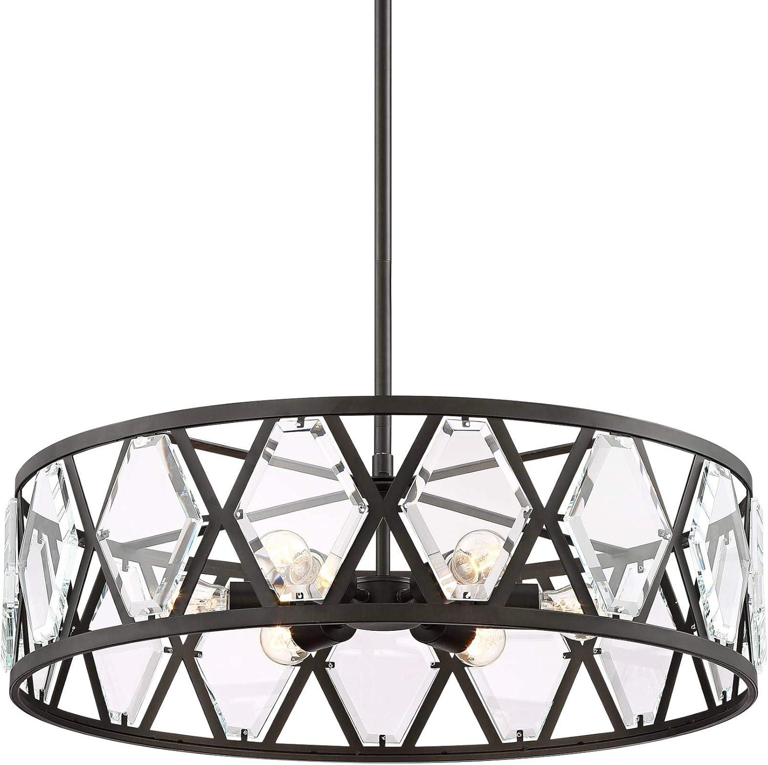 Regency Hill Lexington Black Pendant Chandelier 26" Wide Industrial Drum Clear Crystal 6-Light Fixture for Dining Room House Kitchen Island Entryway