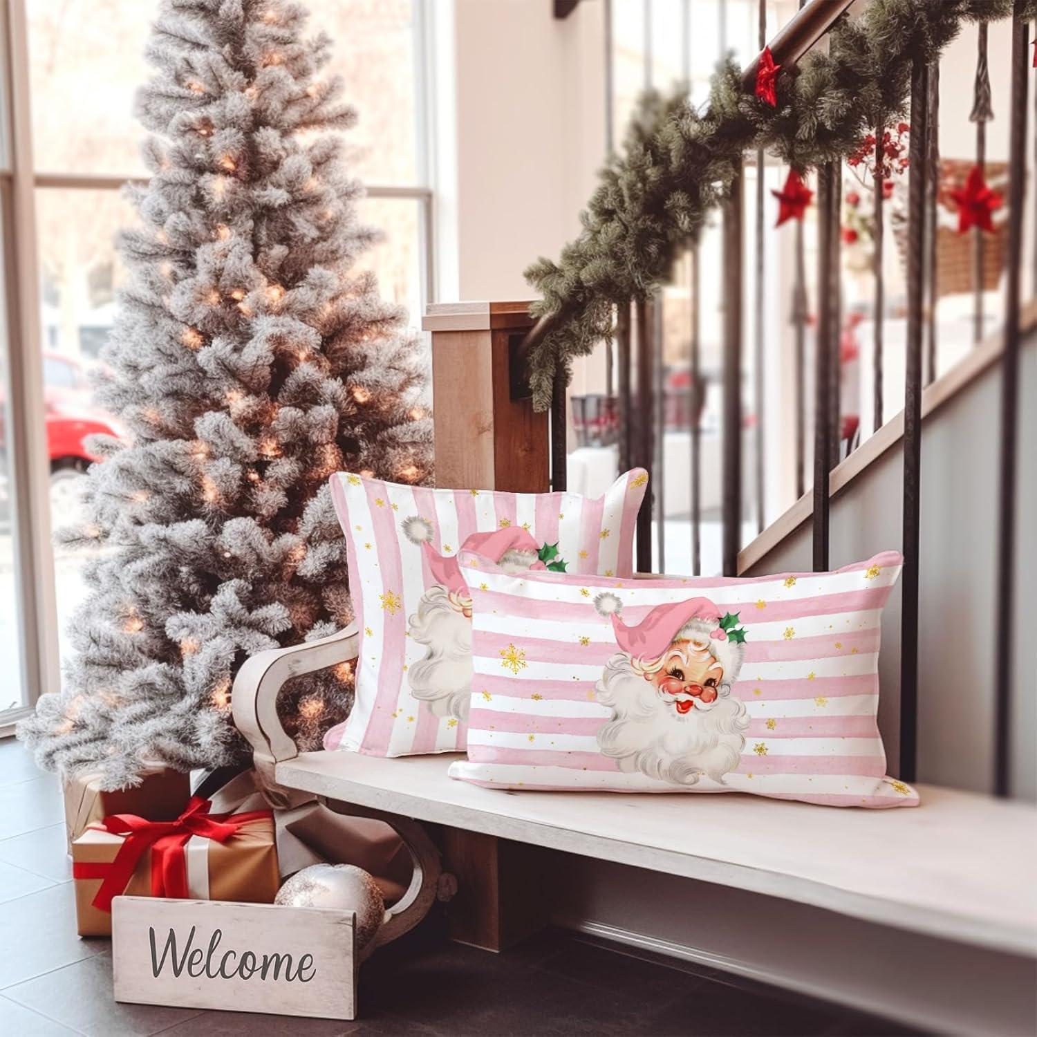 Vintage Santa Claus Christmas Pillow Cover 18x18 Inch, Pink Striped Retro Holiday Cushion for Winter Home Decor, Festive Throw Pillow for Living Room, Bedroom, Sofa Decoration(Pink)