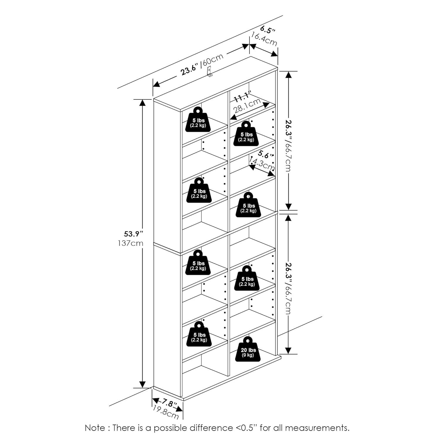 Furinno JAYA 16-Shelf Multimedia Media Storage Tower Rack with Adjustable Shelves, White