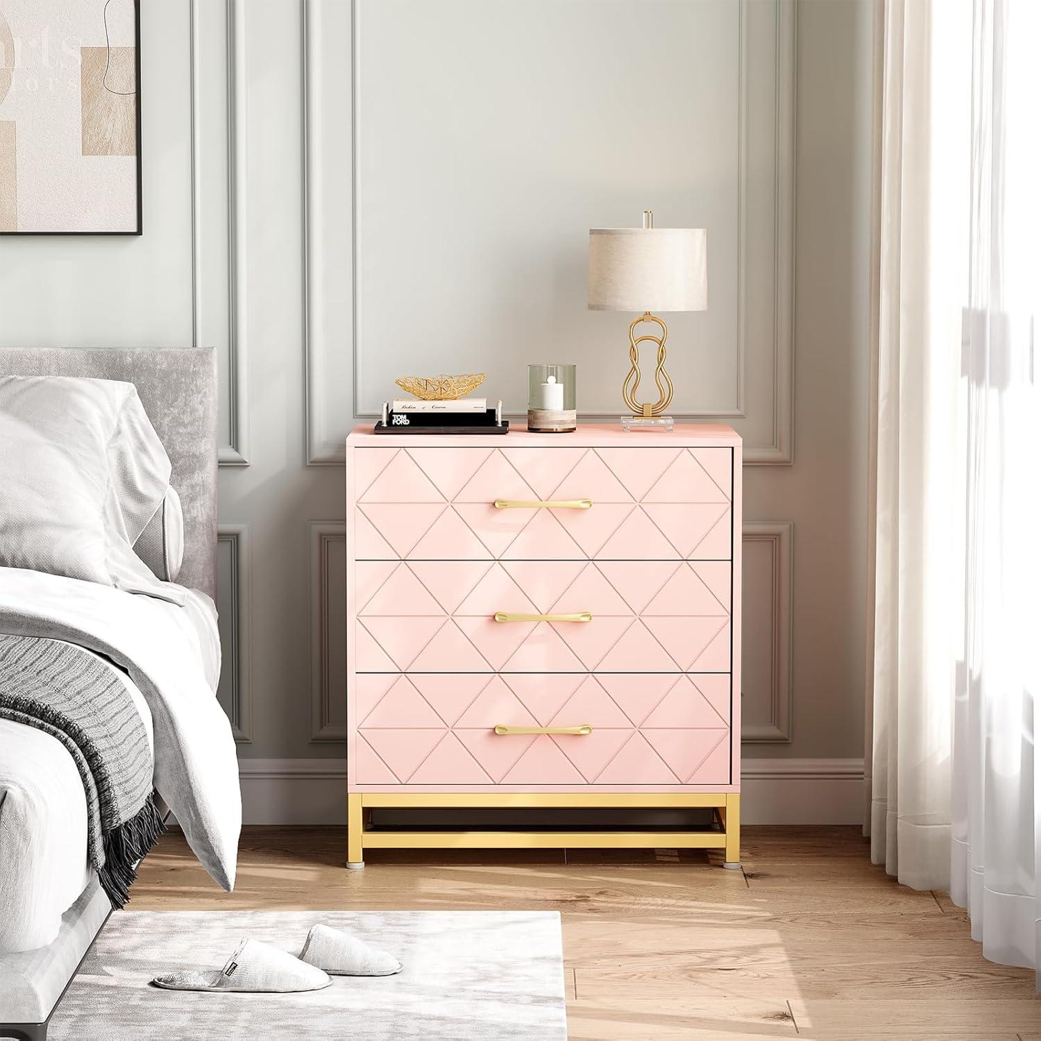 FOLDLIFE 3 Drawer Wood Dresser with Storage, Modern Chest of Drawers for Bedroom or Closet, Stylish Nightstand with Gold Handles