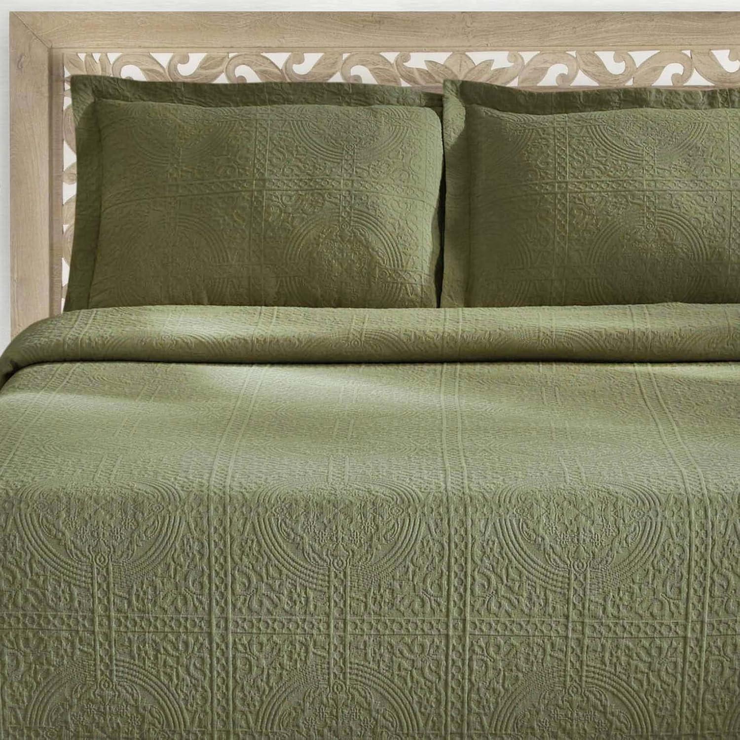 Superior Jacquard Matelasse Cotton Bedspread Set of 3 Pieces, Twin, Sage