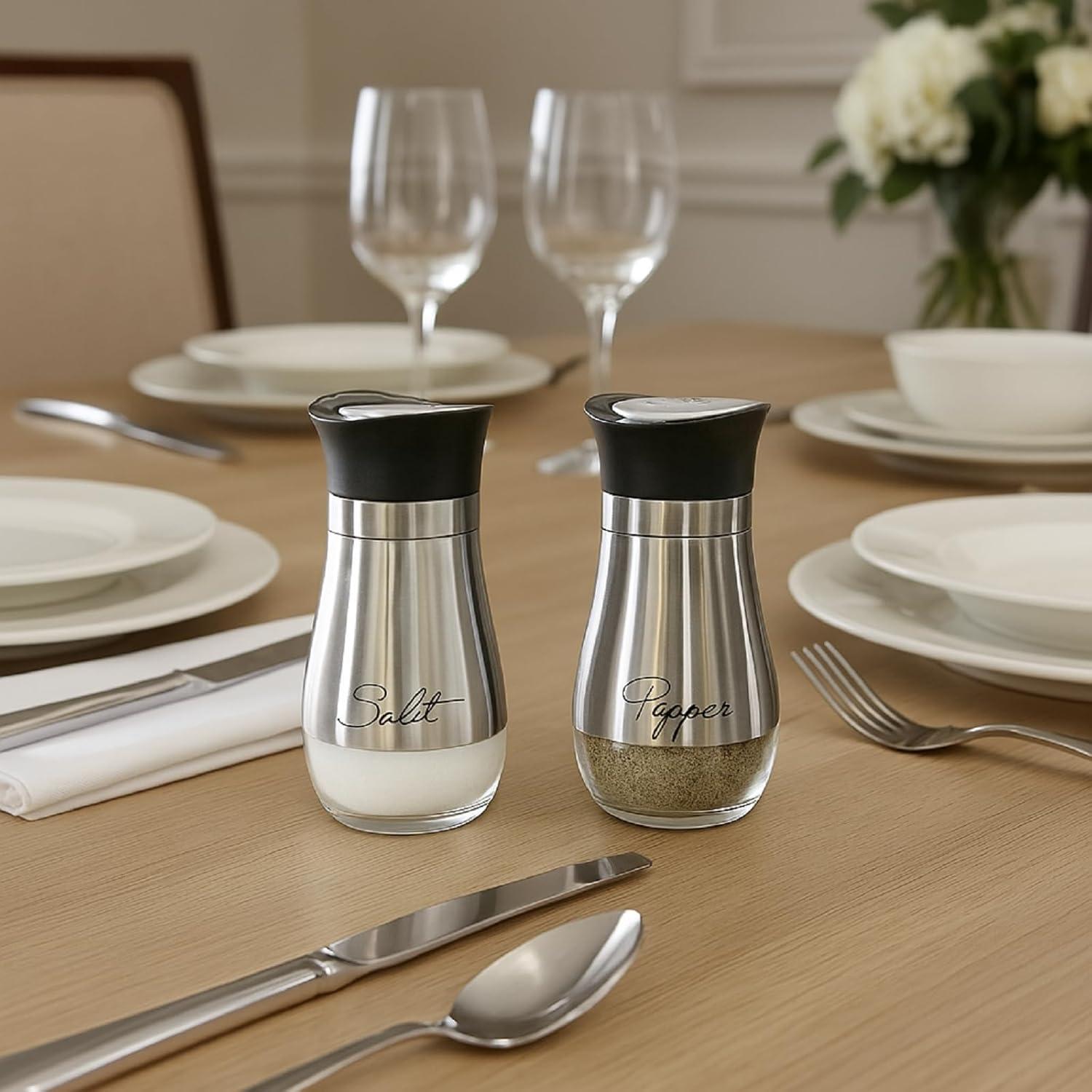 Juvale Stainless Steel Salt and Pepper Shakers Set with Glass Bottom, Perforated "S" and "P" Caps - Modern Kitchen Decor (4oz)