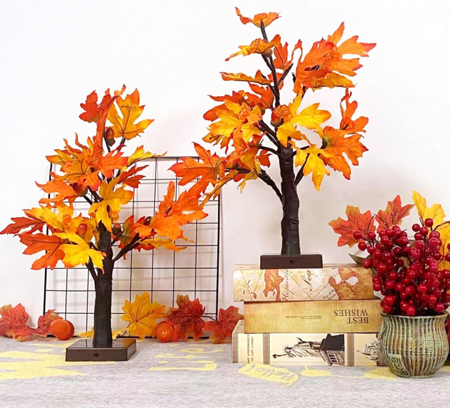 2 Pack 18 Inch Prelit Fall Maple Tree with 48 LEDs Timer Battery Operated Lighted Pumpkins 6 Acorns Tabletop Artificial Autumn Fall Home Indoor