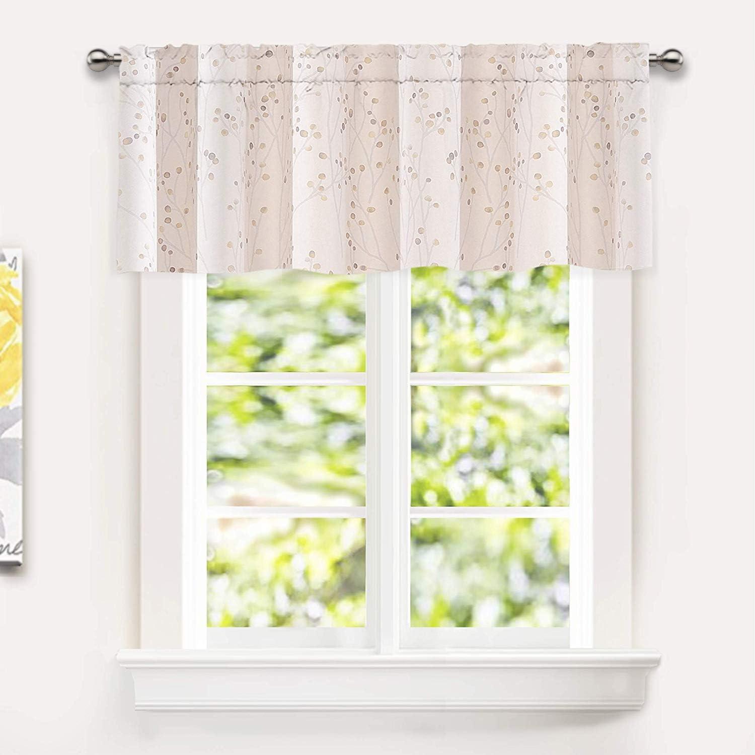 DriftAway Harper Floral Pattern Window Treatment Valance, Rod Pocket, 50"x18"+2" Header (Beige)