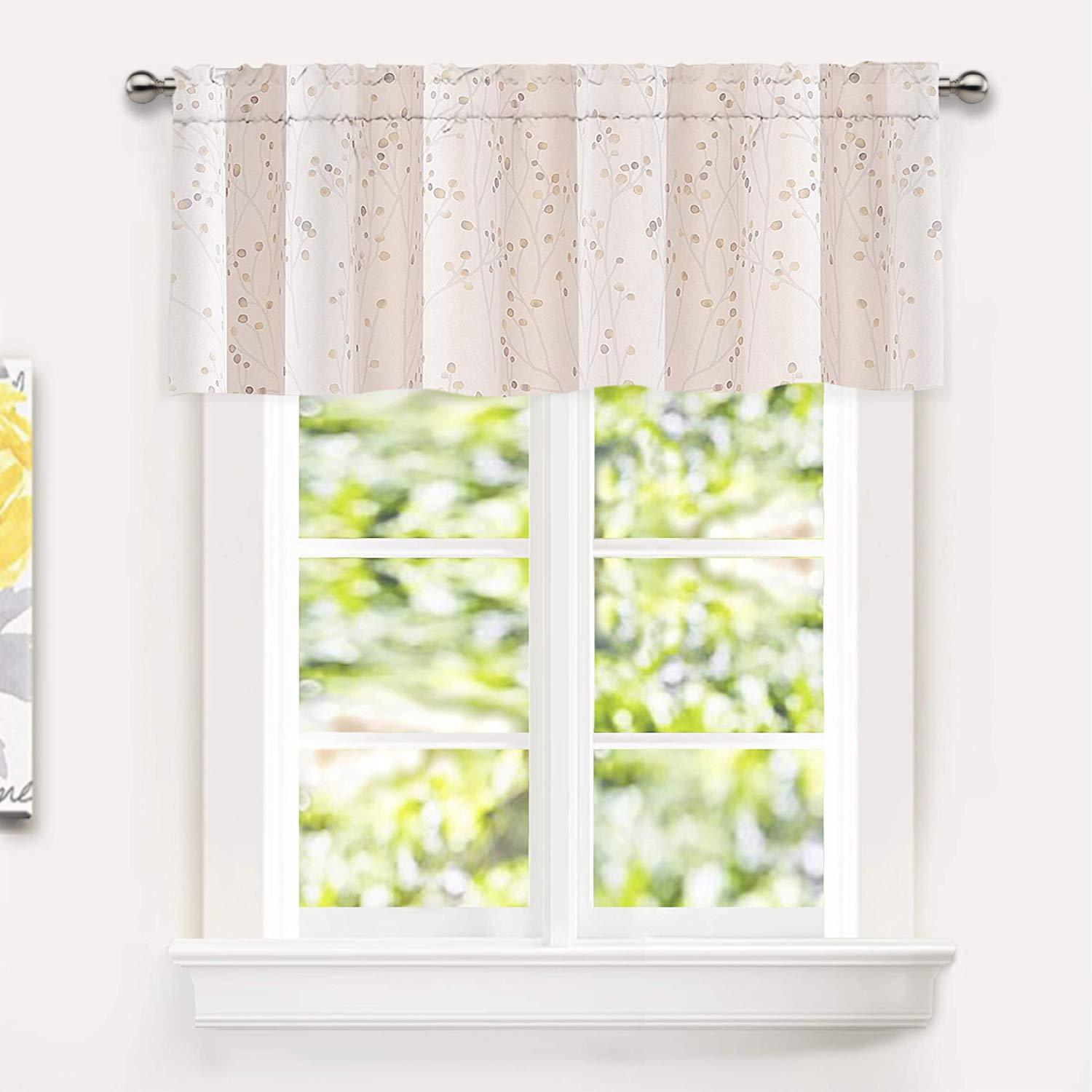 DriftAway Harper Floral Pattern Window Treatment Valance, Rod Pocket, 50"x18"+2" Header (Beige)