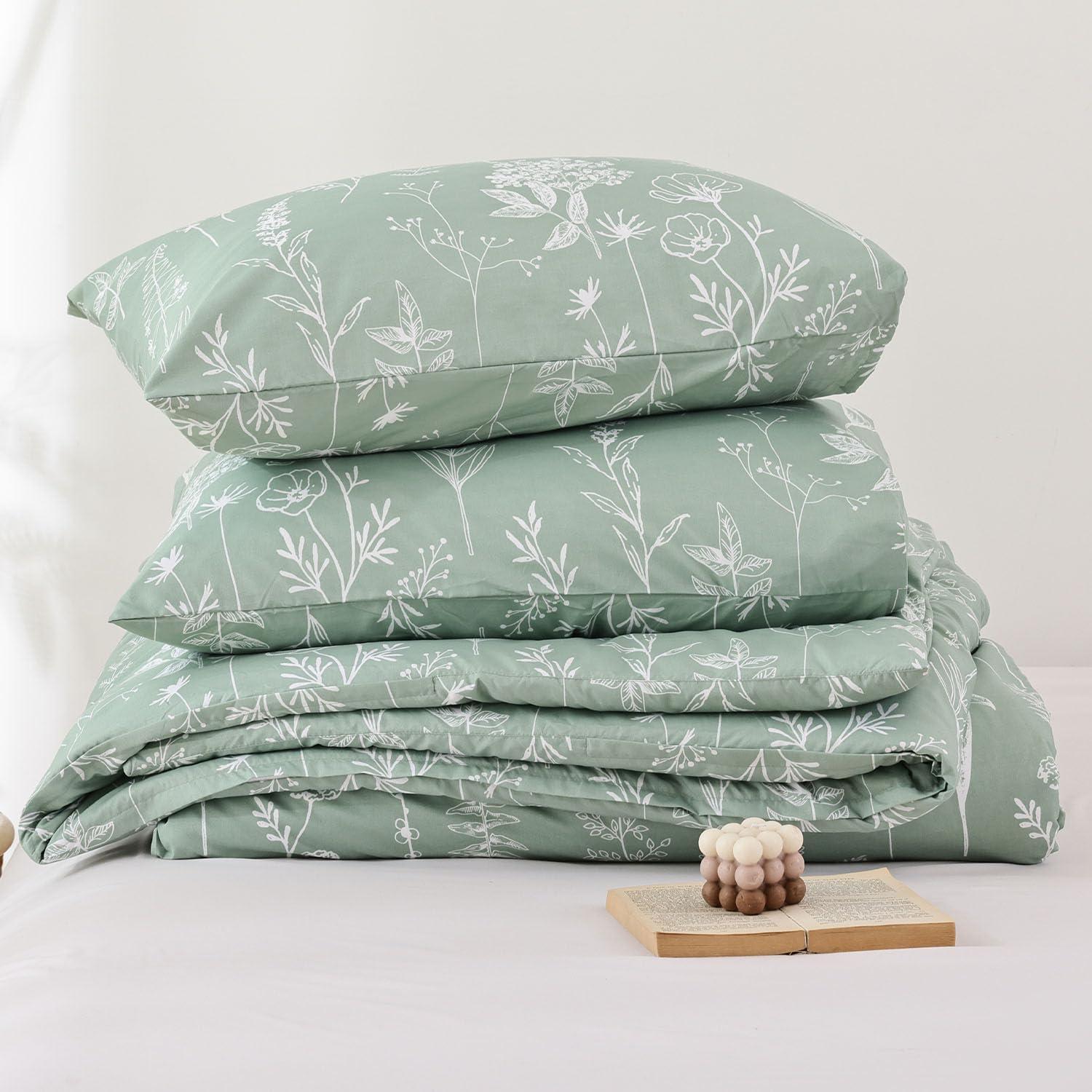 2 Pcs Floral Printed Reversible Sage Green Comforter Set Twin/Twin XL Size Soft Designed Plants Pattern Bedding Set - Bedsure