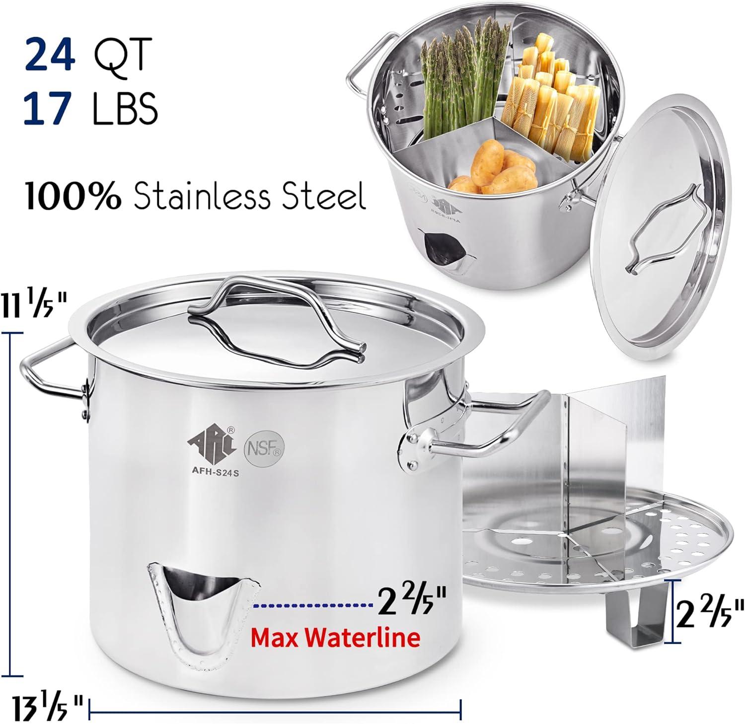 ARC USA Three in One 6 Gallon 24QT Stainless Steel Stock Pot Tamale Steamer with Lid & Steamer Rach