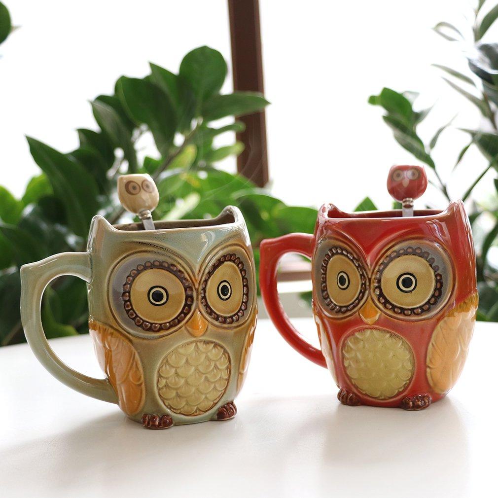SQOWL 3D Coffee Mug Cute Set of 2 Owl Ceramic Coffee Mugs with spoons Office Tea Cups for Women Men 12 oz Cyan and Red