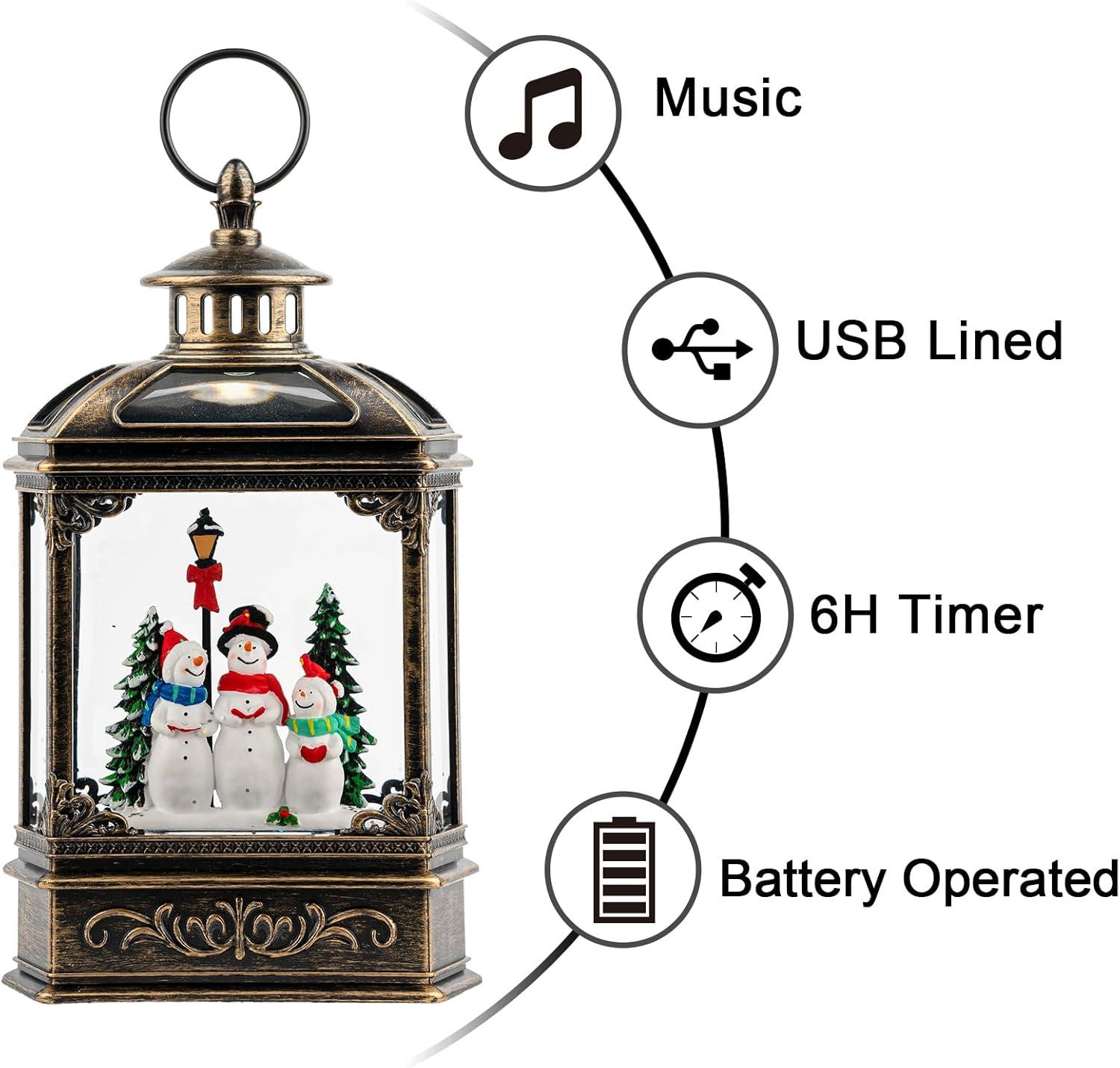 Christmas Snow Globe Lantern Water Glittering Snowman Family With Music & Timer, USB Lined/Battery Operated Lighted Lantern For Christmas Festival Decoration Gifts