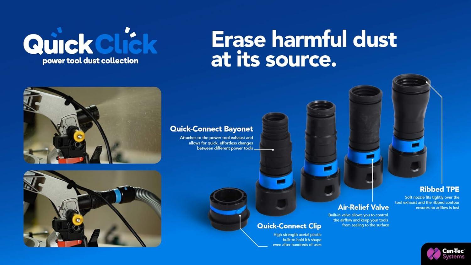 Cen-Tec Systems 94720 Quick Click 20 Ft. Hose for Home and Shop Vacuums with Expanded Multi-Brand Power Tool Adapter Set for Dust Collection, Silver