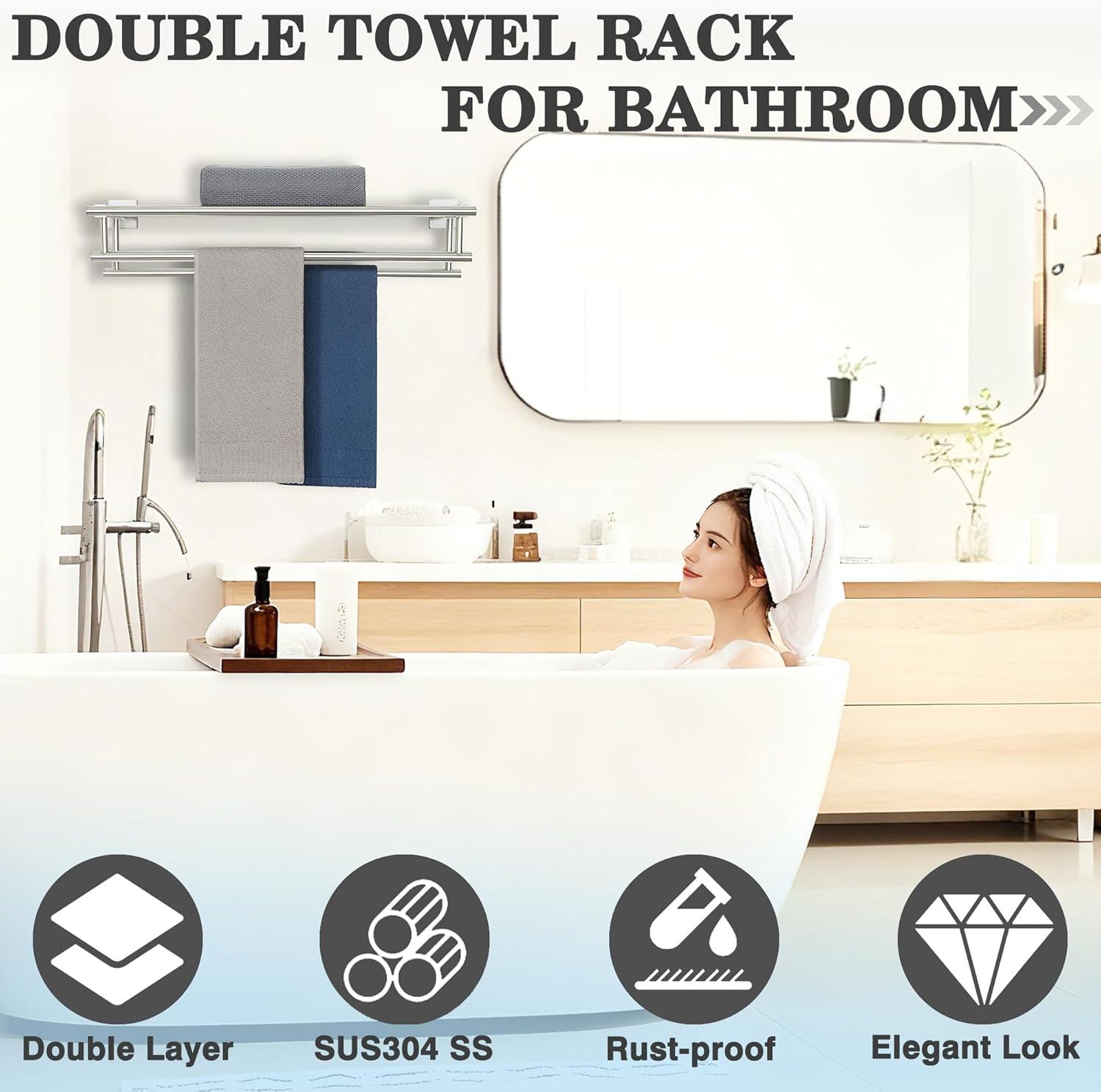 2-Tier 20" Wall Mounted Stainless Steel Bathroom Towel Rack With 2 Towel Bars Round Rods