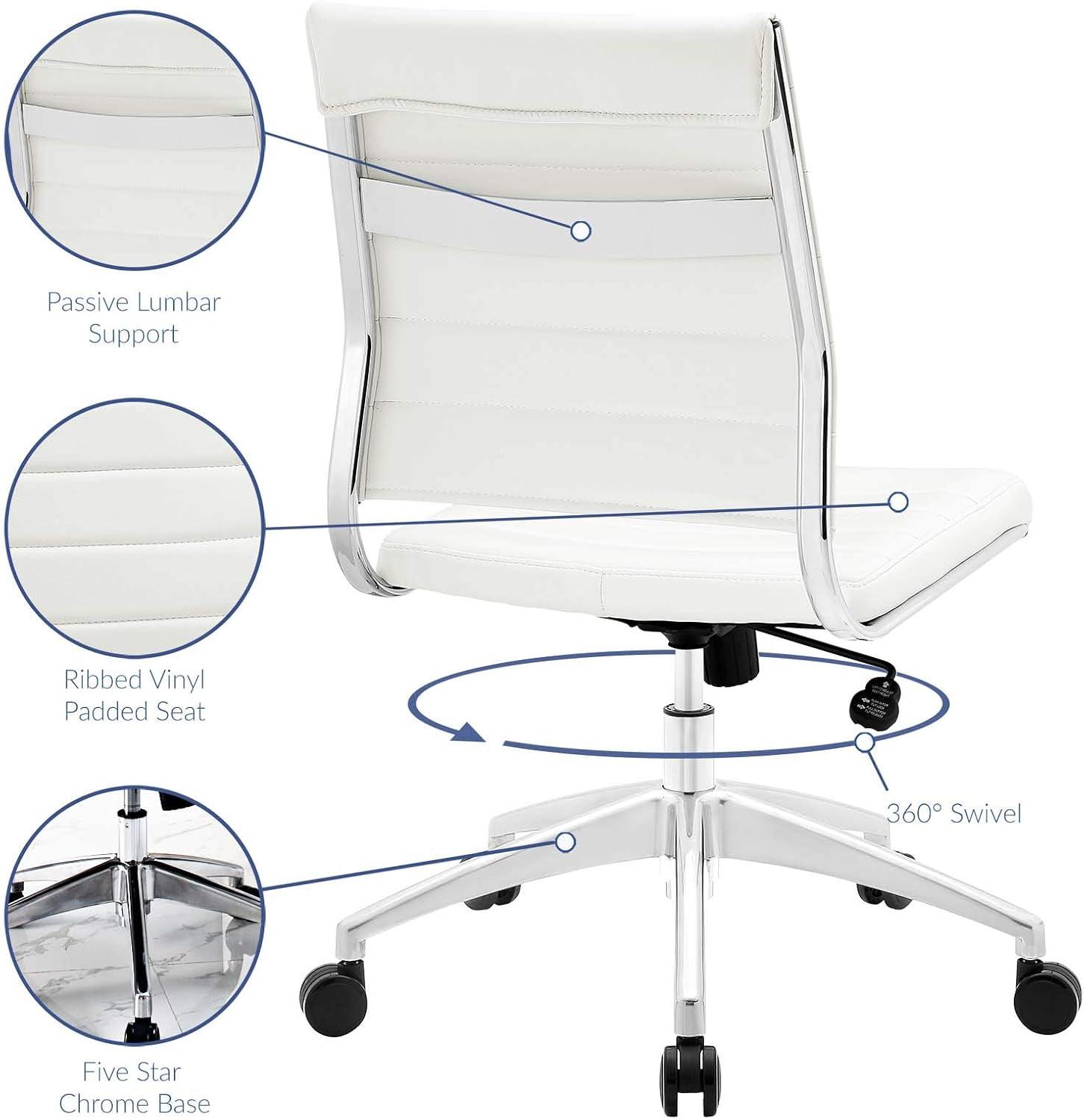 White Vinyl Armless Swivel Task Chair with Metal Base