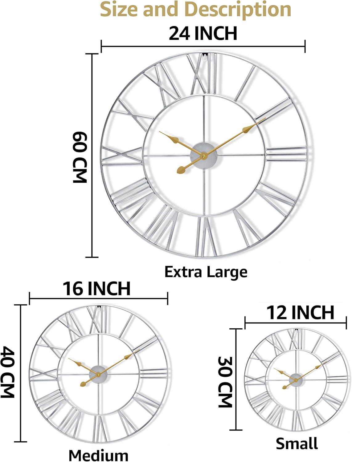 Oversized Silver Metal Roman Numeral Wall Clock