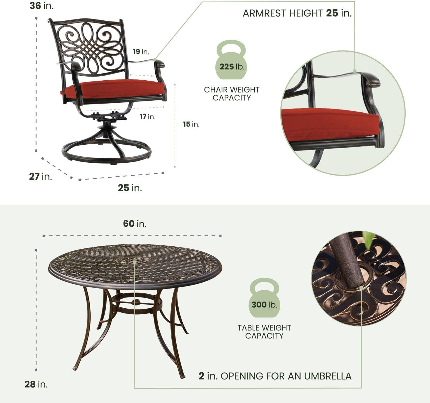 Hanover Traditions 7 Pcs Aluminum Outdoor Dining Set with Cast-top Table, Red