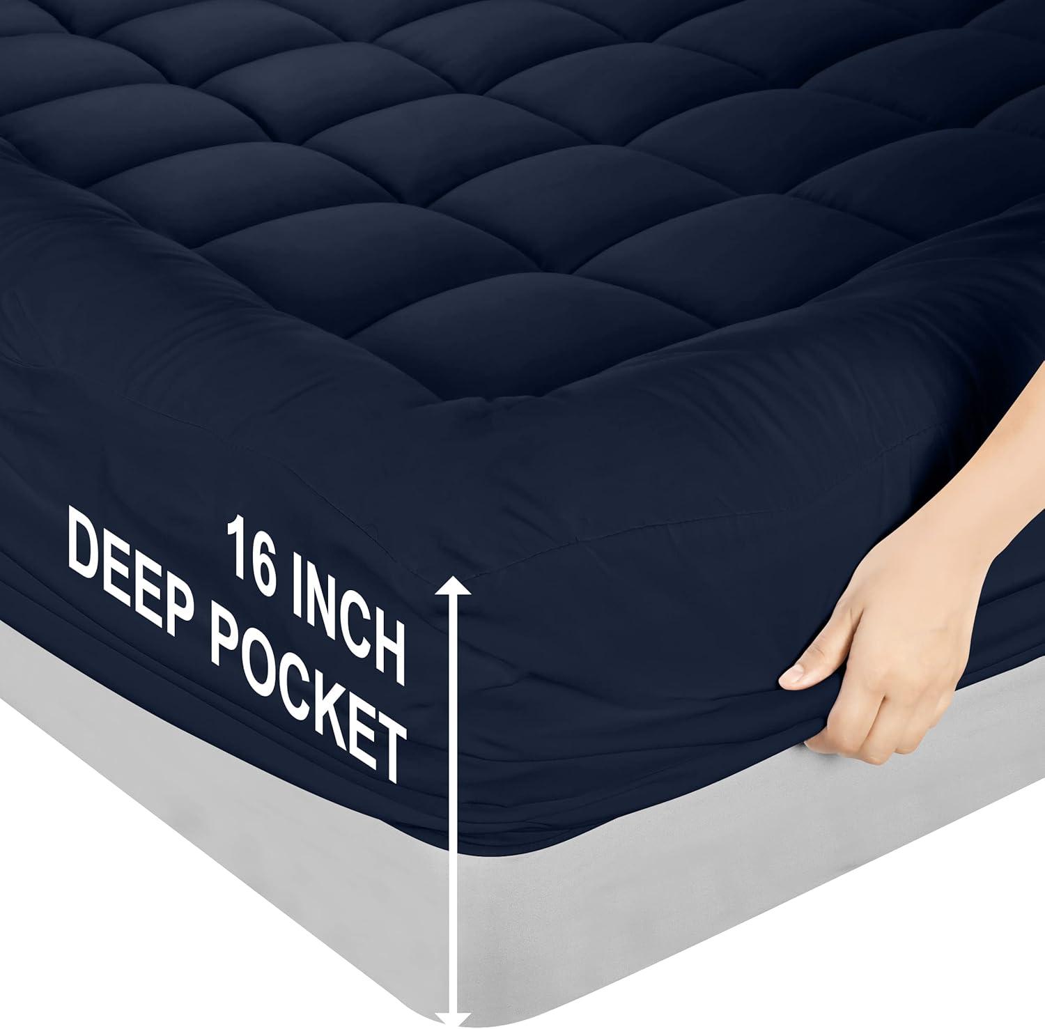 Navy Quilted King Mattress Pad with Deep Pockets