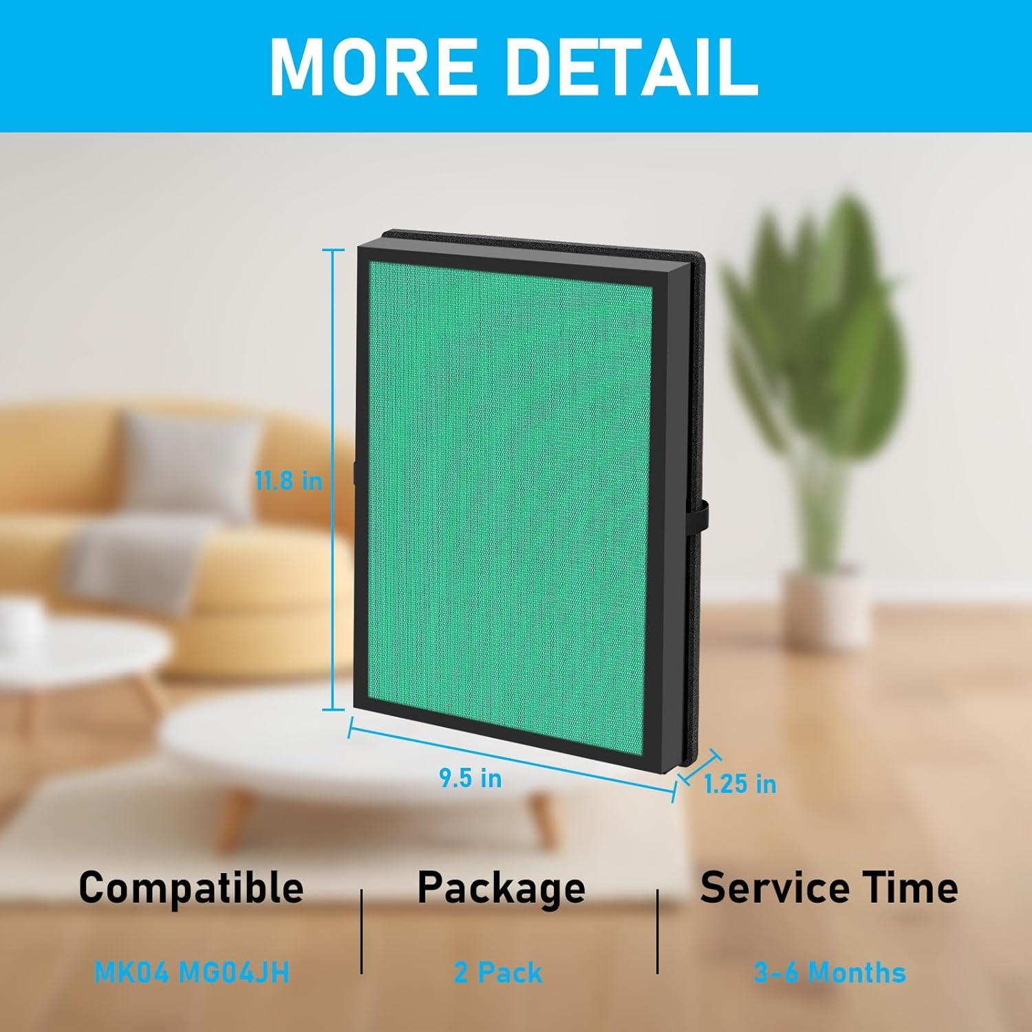 MK04 Replacement Filter, 2 Pack Compatible with MK04 MG04JH Air Purifier, Air Filter H13 True HEPA Filter for Dust, Pet Dander, Smoke for Bedroom, Home, Office (Green)