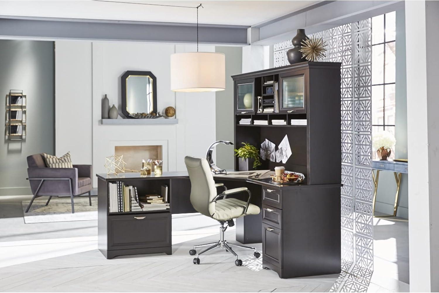 Espresso Wood L-Shaped Corner Desk with Drawers and Keyboard Tray