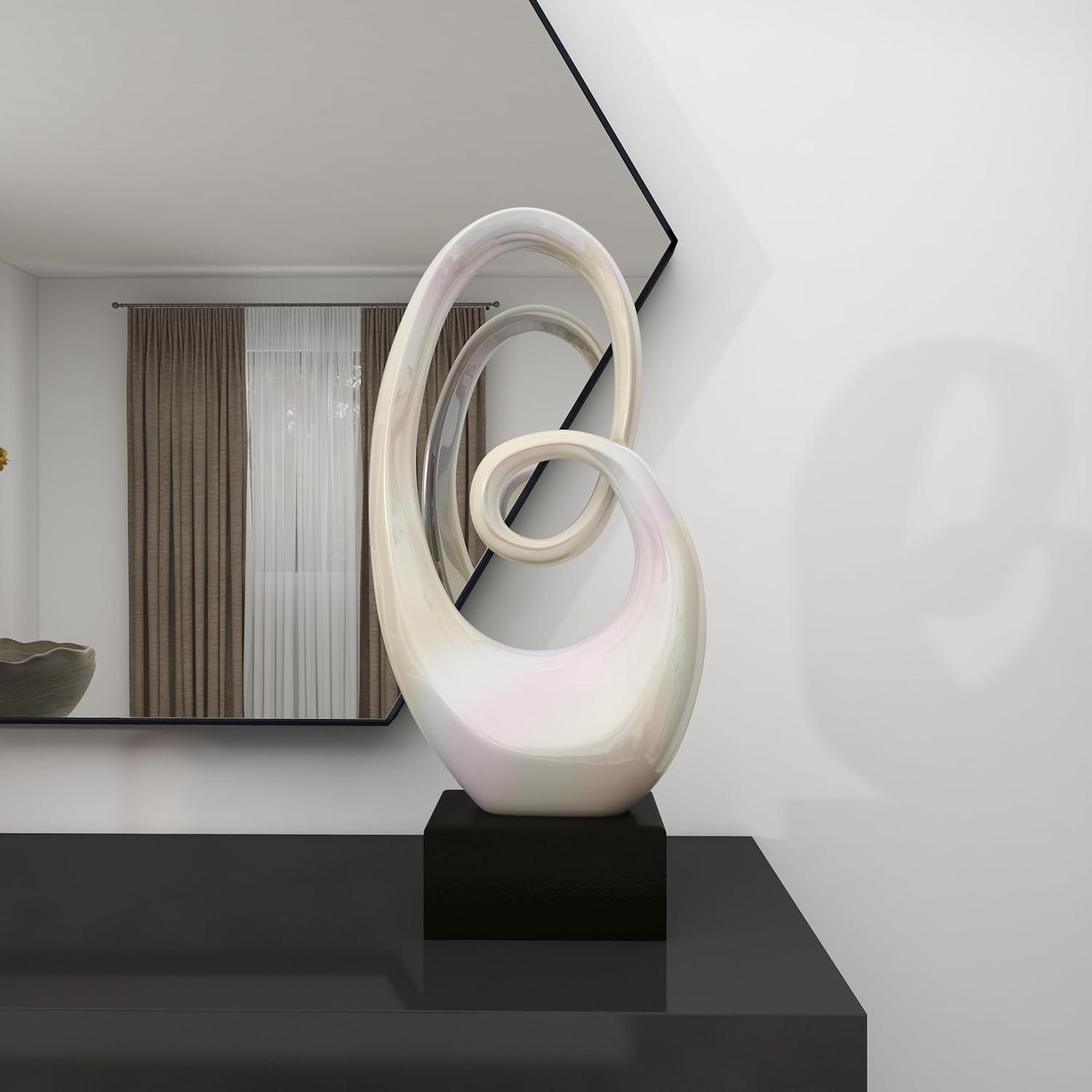 10" x 21" White Ceramic Swirl Abstract Sculpture with Black Base, by DecMode