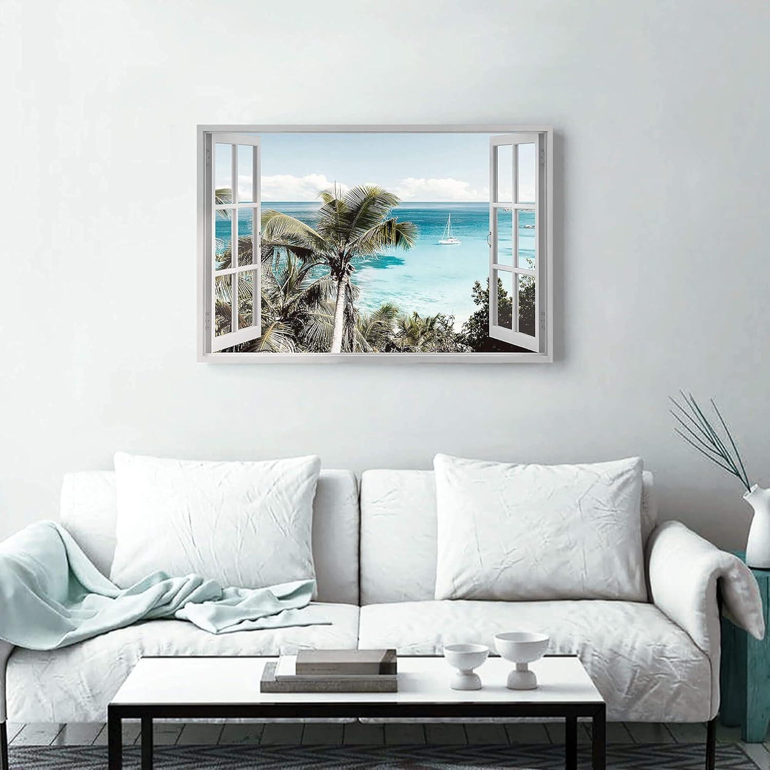 wall26 Canvas Print Wall Art Window View of Tropical Island Beach Paradise Nature Wilderness Photography Modern Art Rustic Scenic Colorful Ultra for Living Room, Bedroom, Office - 24"x36"