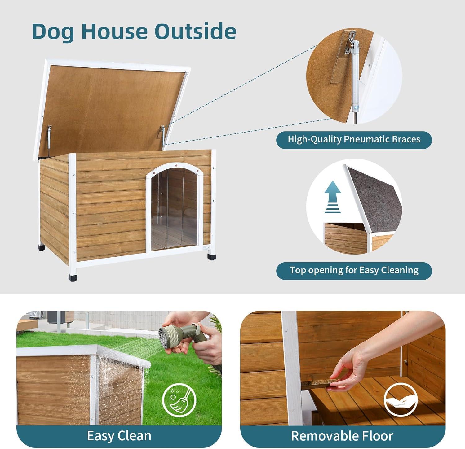 Petsfit Wooden Dog House for Medium to Large Dogs, Yellow and White, large/45.6" x 30.9" x 32.1"