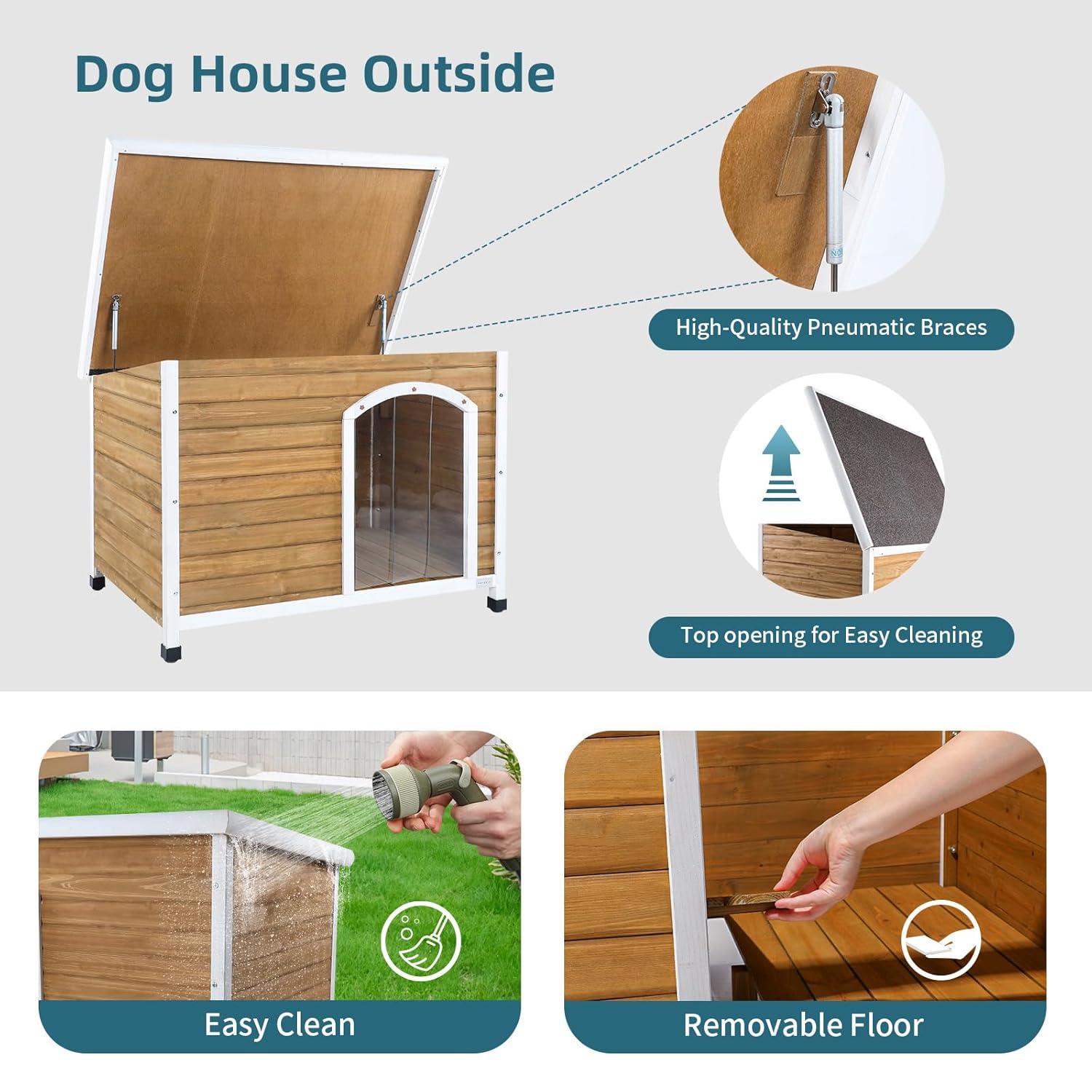 Petsfit Wooden Dog House for Medium to Large Dogs, Yellow and White, large/45.6" x 30.9" x 32.1"