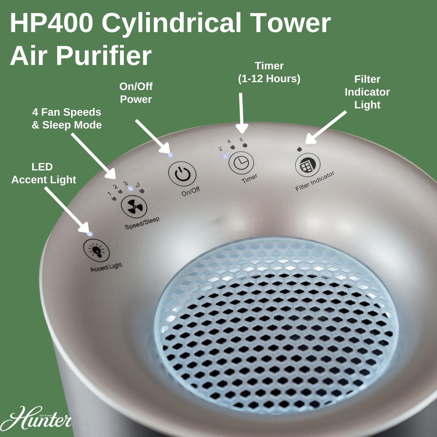 Hunter Fan Company HP400 Round Tower Air Purifier for Small Rooms, Featuring True HEPA Filtration and EcoSilver® Pre-Filter for Allergy and Asthma Relief