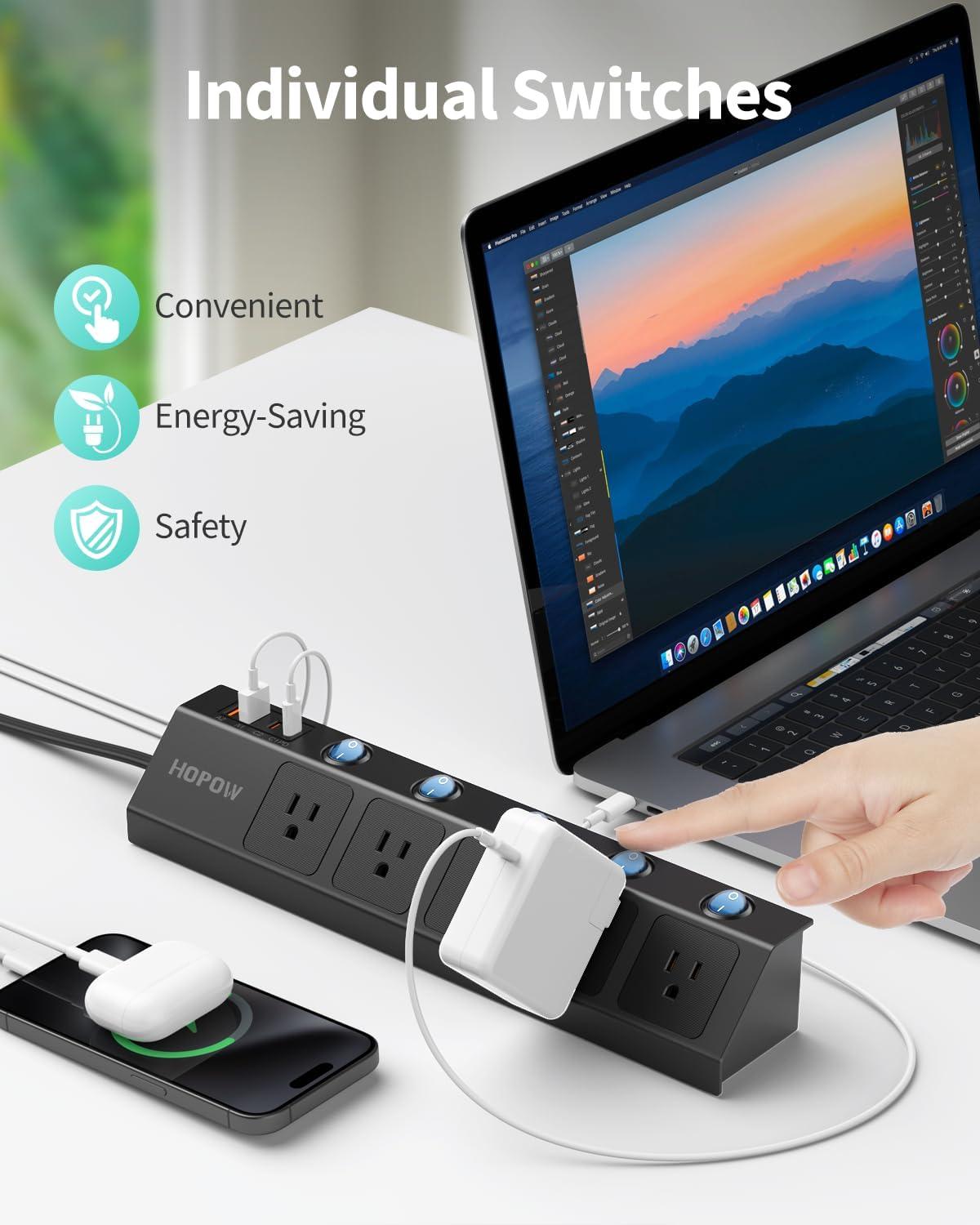 Black 10 Ft Flat Plug Power Strip with USB-C and USB-A Ports