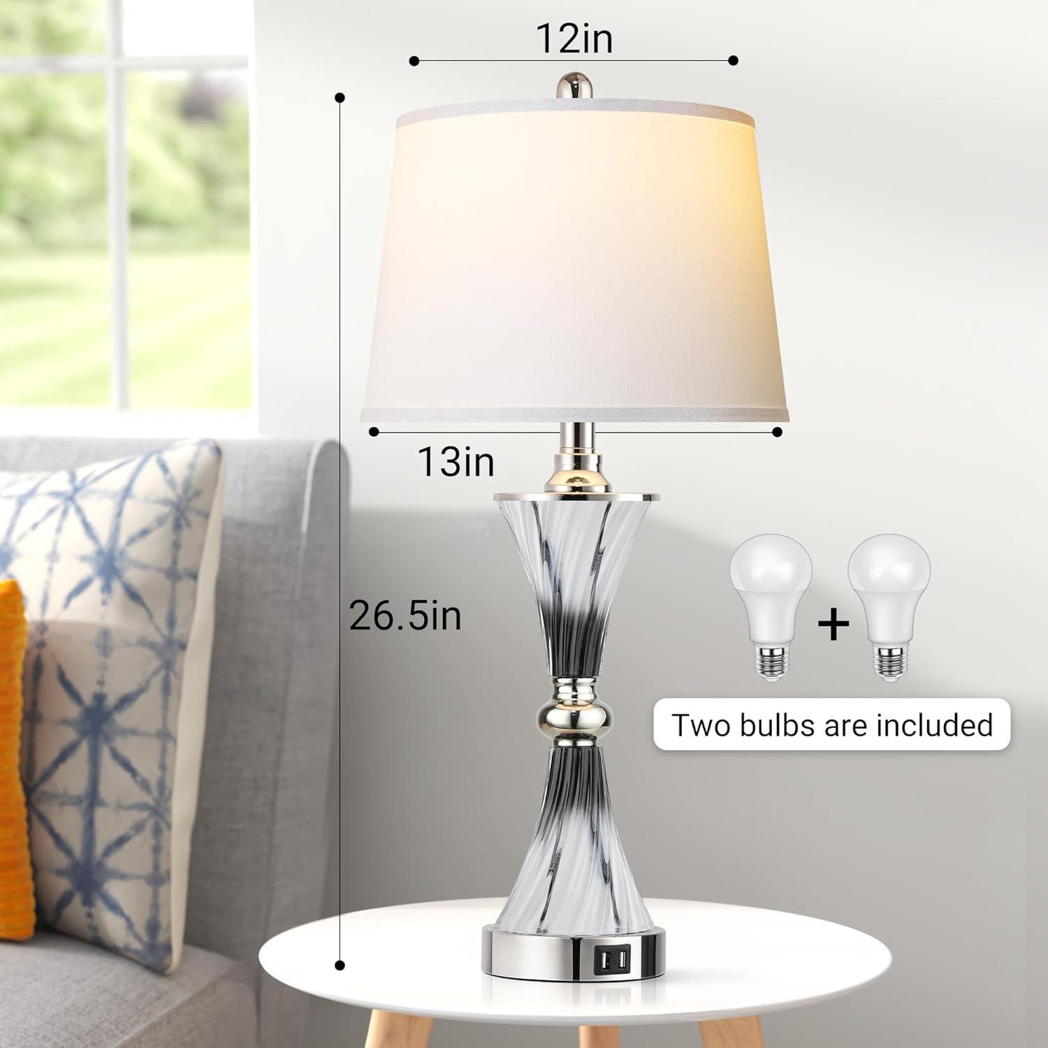 Touch Control Dimmable Table Lamps for Bedrooms, 3-Way Gold Crystal Bedside Lamp with USB Ports, Set of 2 Contemporary End Table Lamps with White Drum Shade for Living Room Reading, LED Bulbs Included
