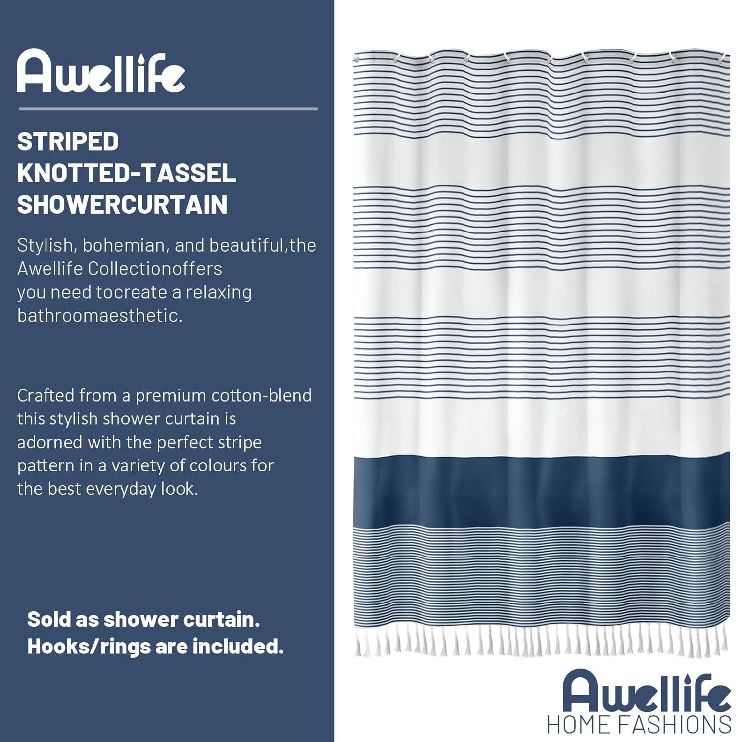 bufftieo Navy Blue and White Shower Curtain for Bathroom Boho Striped Fabric Modern Farmhouse Tassel Shower Curtain Sets - 72" x 72"
