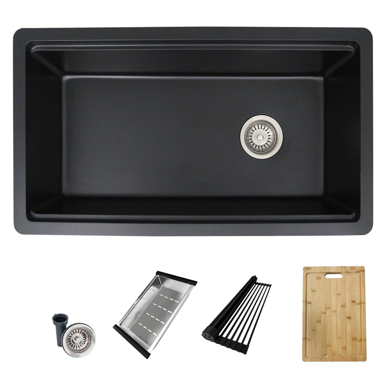 Black Granite Composite Single Bowl Drop-in Kitchen Sink with Accessories